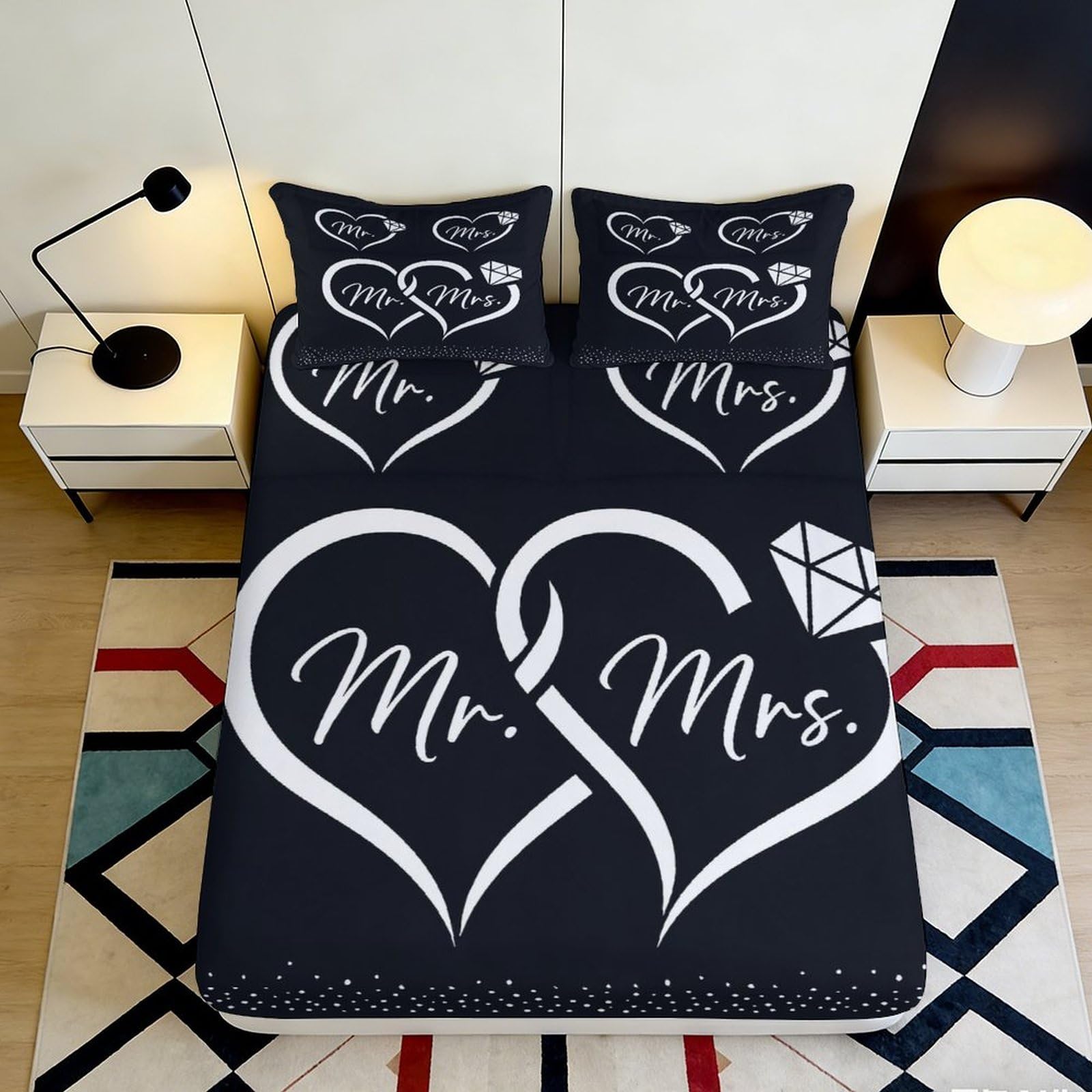 3D Printed Mr and Mrs Heart Fitted Sheet Microfiber Soft Breathable Romantic Couple Bed Cover for Bedroom Guest Room Mattress Protection 90x200x25cm