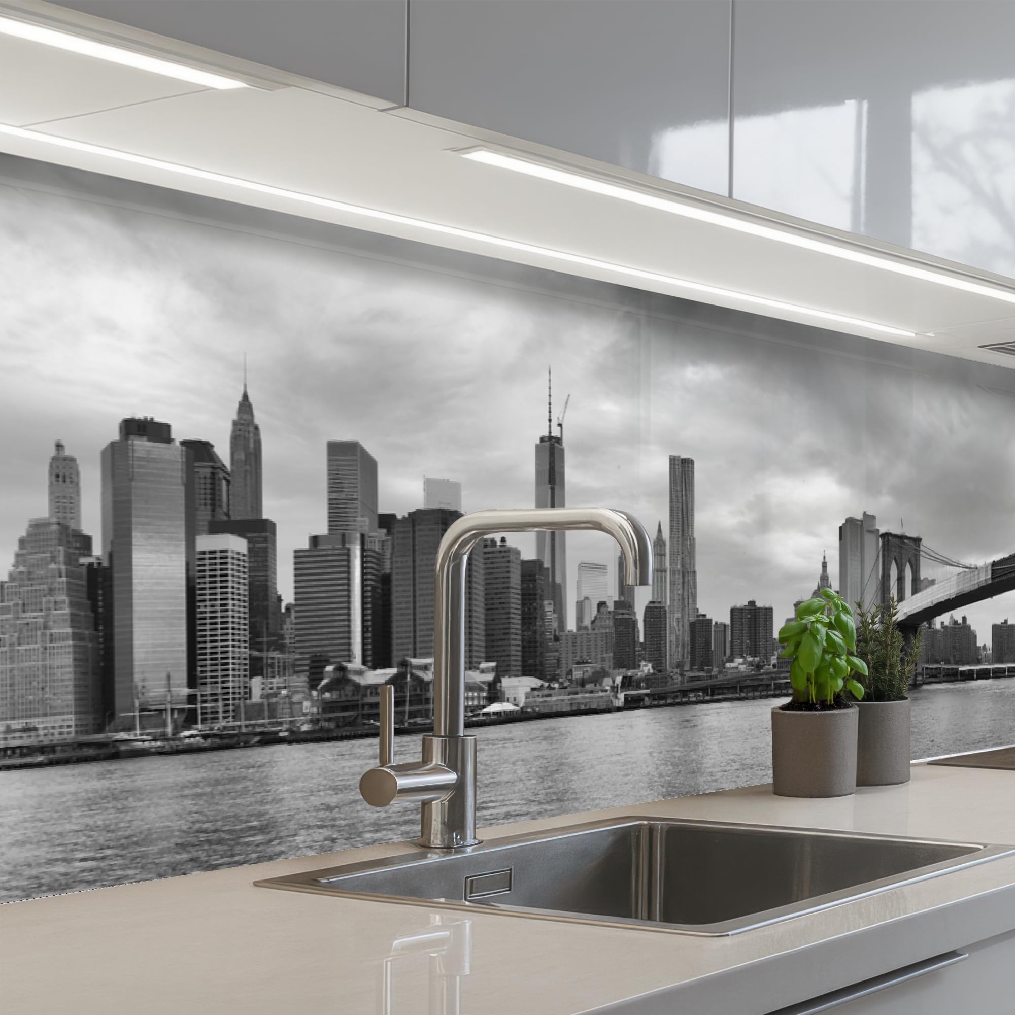 KitchenYeah© Antisalpicaduras Cocina 80x300 cm Adhesivo Salpicadero Protector Pared Salpicaduras Revestimiento Skyline - Puente - Edificios - Incoloro
