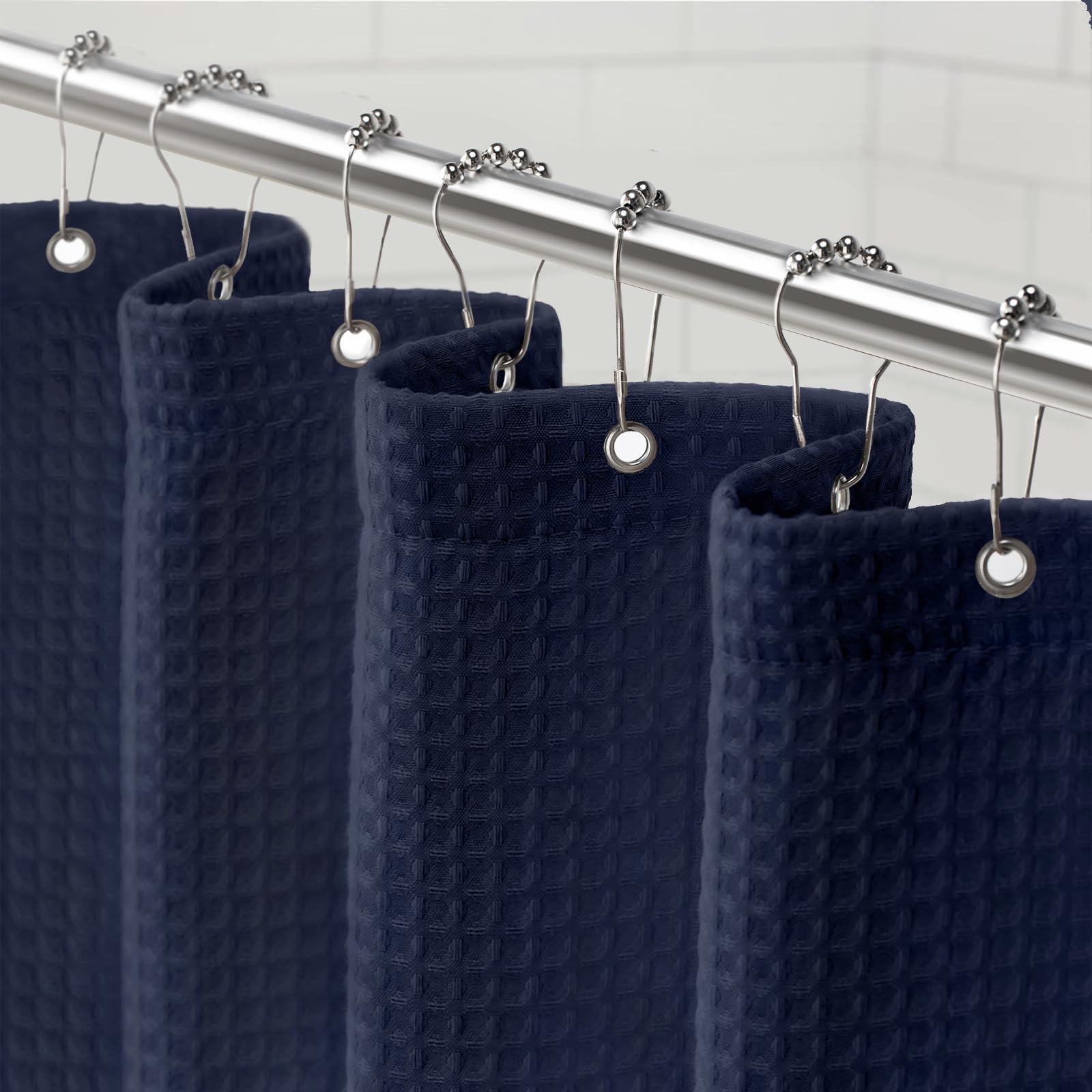 Awellife Waffle Shower Curtain, Navy Blue Shower Curtains for Bathroom 230 GSM Heavy Duty Fabric Liner, 72" W X 72" L Inch