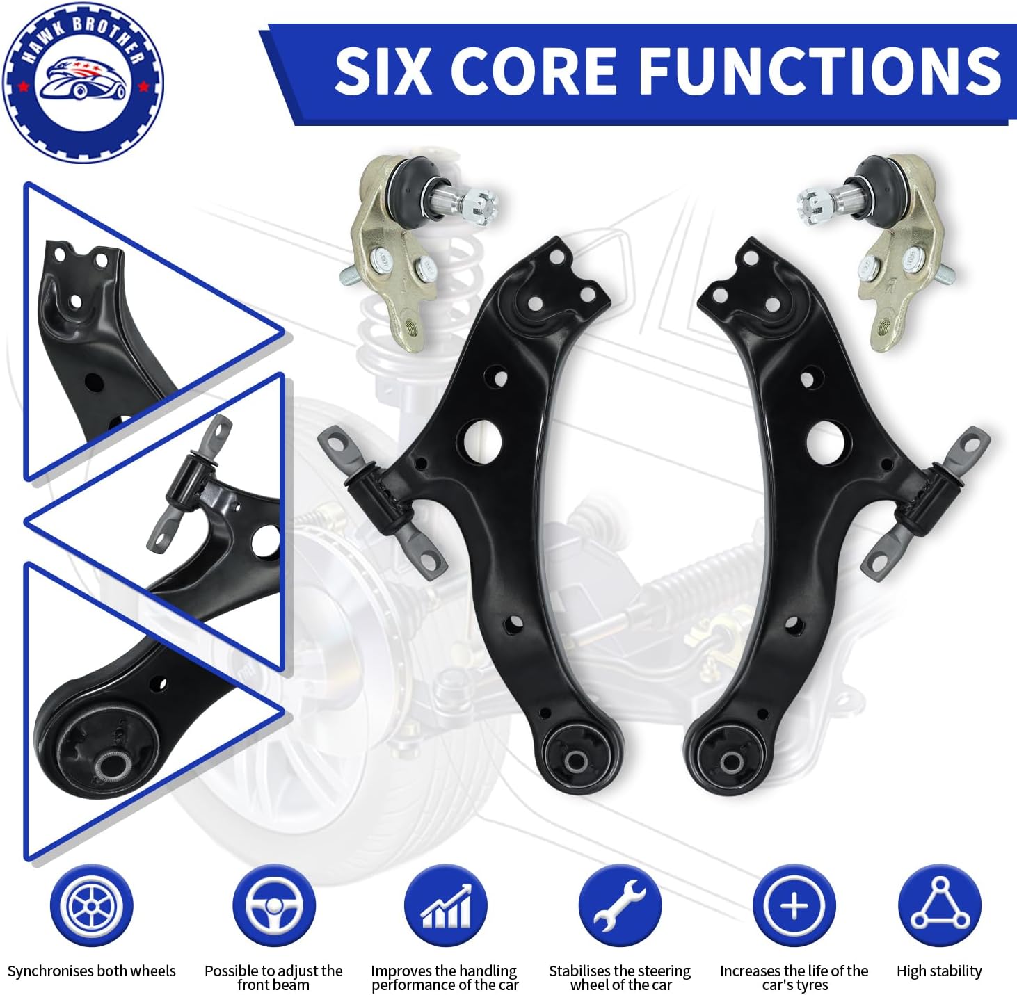 Control Arms, 6Pcs Front Lower Ball Joints Stabilizer Sway Bar Links Suspension Kit Compatible With Toyota Camry Highlander Solara Lexus ES300 ES330 RX330 RX350 RX400h