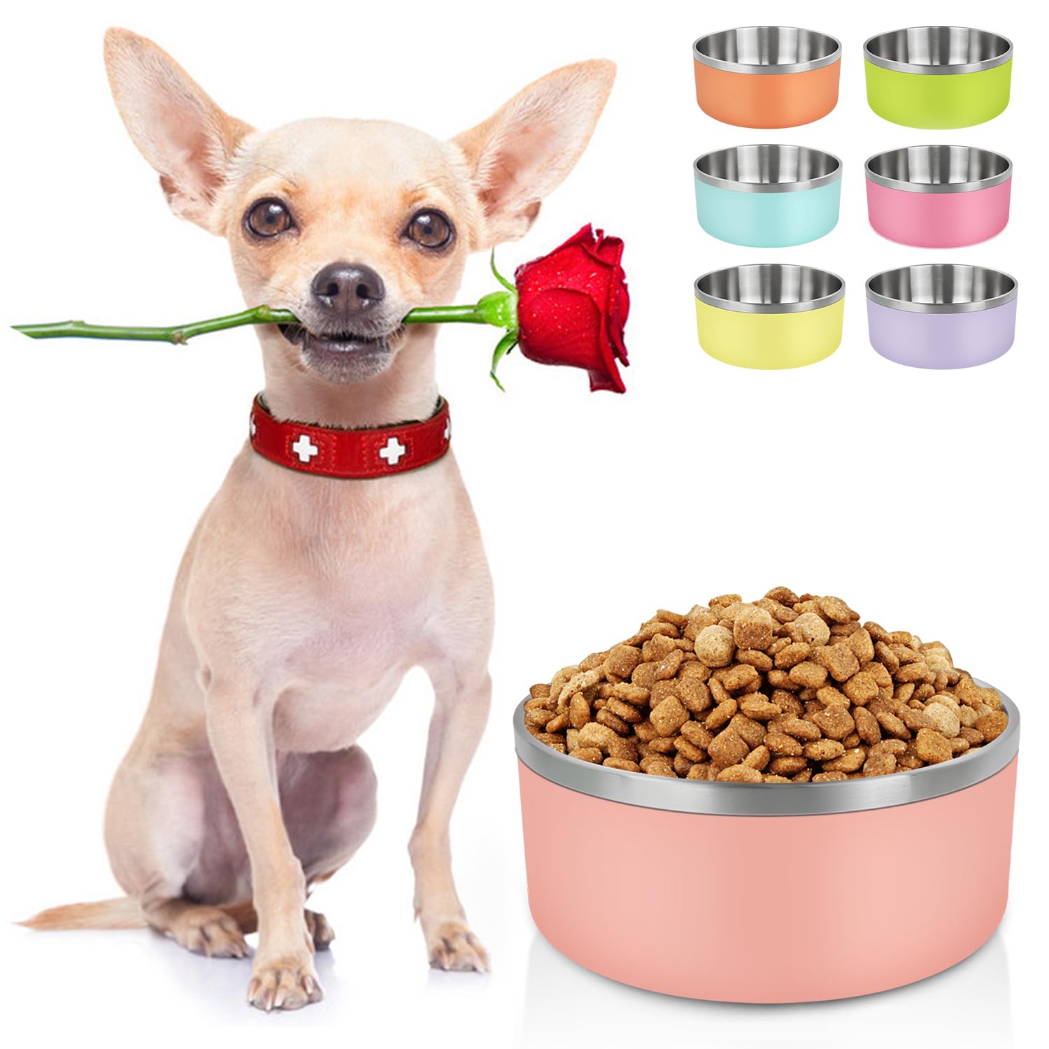 LIHONG Dog Bowls,Stainless Steel Dog Bowls for Small Medium Sized Dogs Non Slip,Insulated Dog Bowl,Pet Bowl for Food and Water,Rustproof(40oz,Peach)