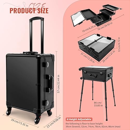 Miniatura 2 de GCCSJ Caja de aluminio del tren del maquillaje de la carretilla con 8 luz LED 21 '' Rolling Cosmetic Organizer Studio, Negro -, Estuche de tren de