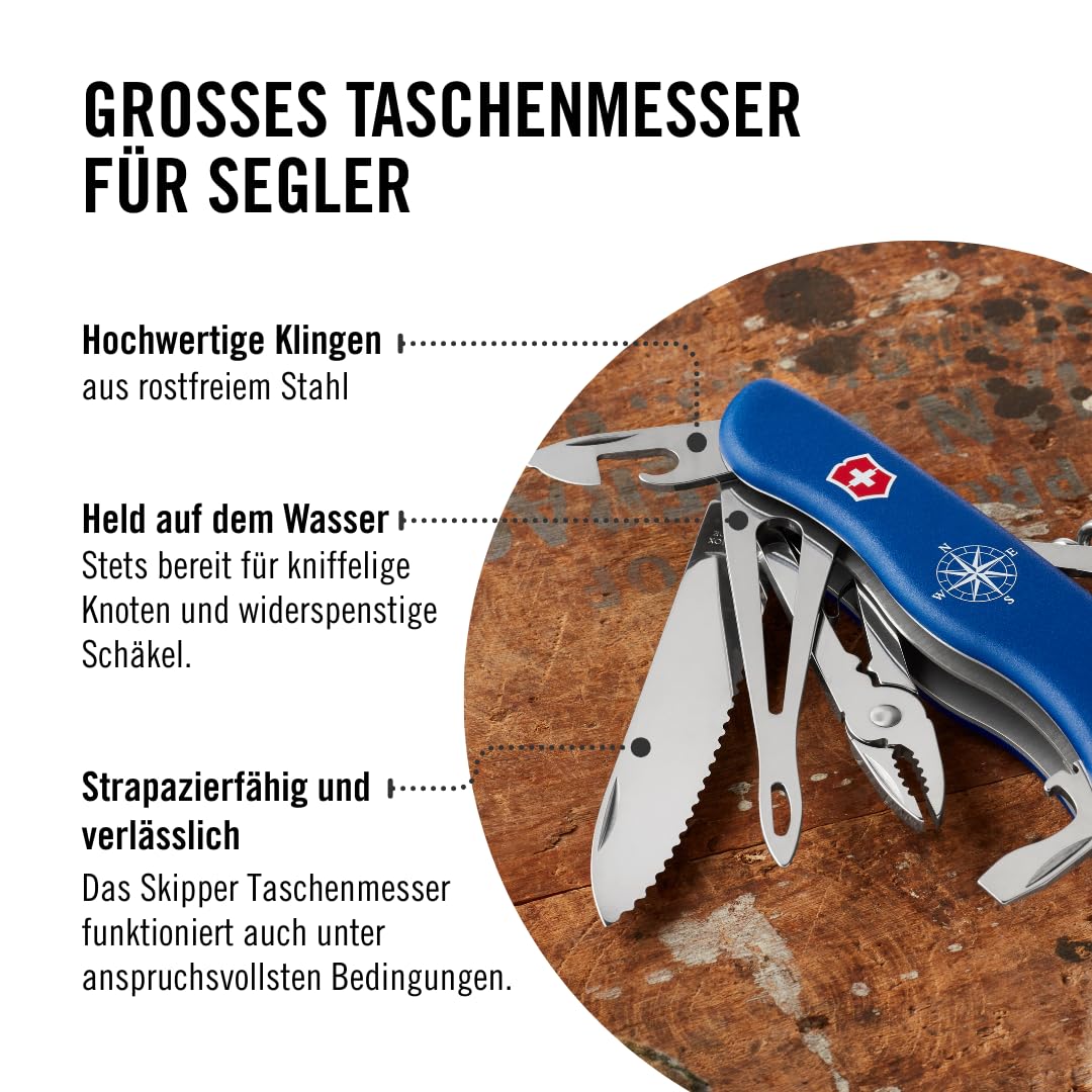 Victorinox Taschenmesser Skipper, Segelmesser, 5 Funktionen, Swiss Made, Multitool mit Große Klinge mit Wellenschliff, Feststellklinge, Blau