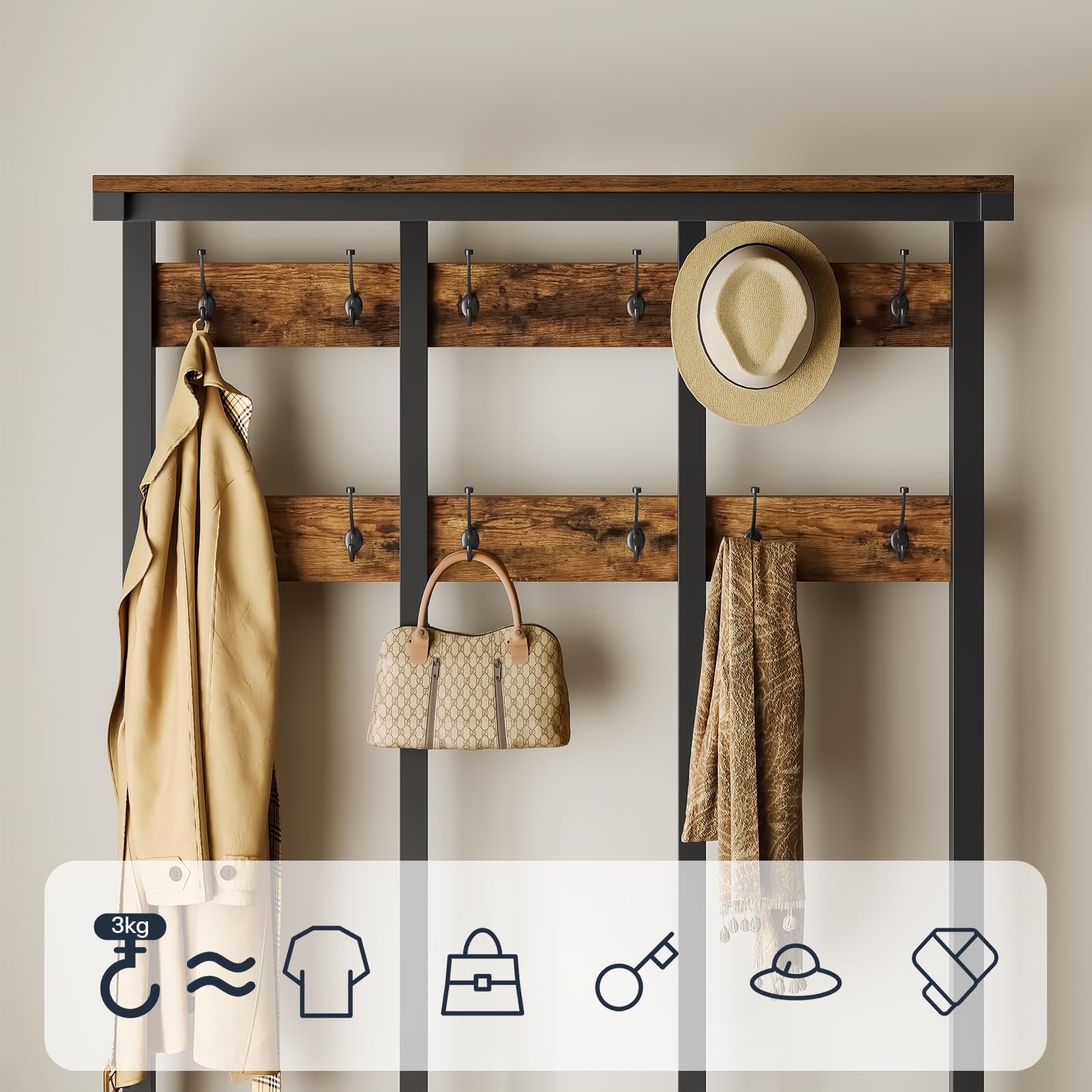 HOOBRO Portemanteau, Meuble d’entrée, Vestiaire avec 12 Crochets, 3 Coffres de Rangement, Banc à Chaussures, Portant à Vêtements, Stable, Style Industriel, pour Entrée, Salon, Chambre EBF33MT01