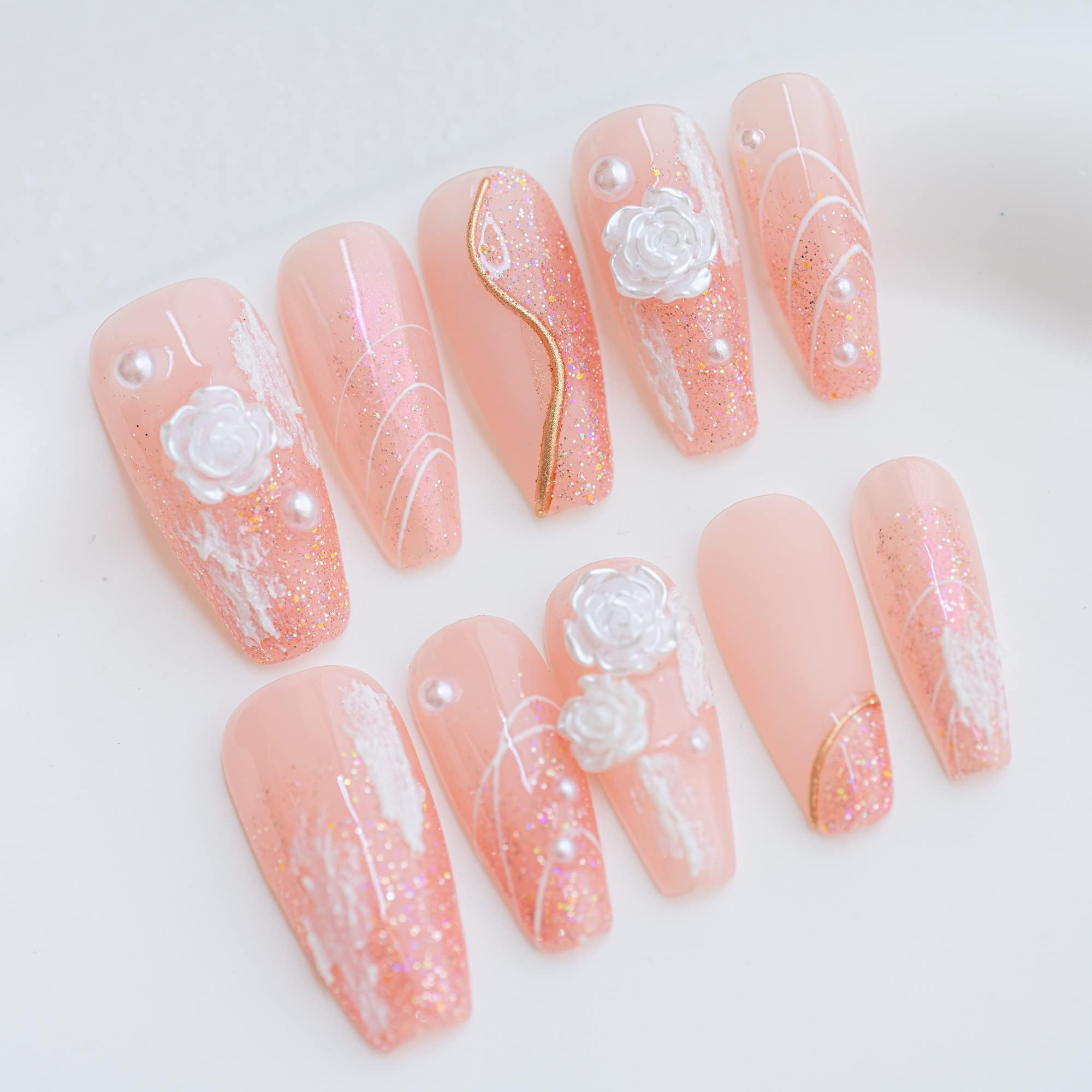 Sun&Beam Nails Handmade Press on Fake Nails Medium Long Nail Tips Popular Design Ballerina Pink 3D Flower Cute Pearl with Storage Box 10 Pcs (002-S)