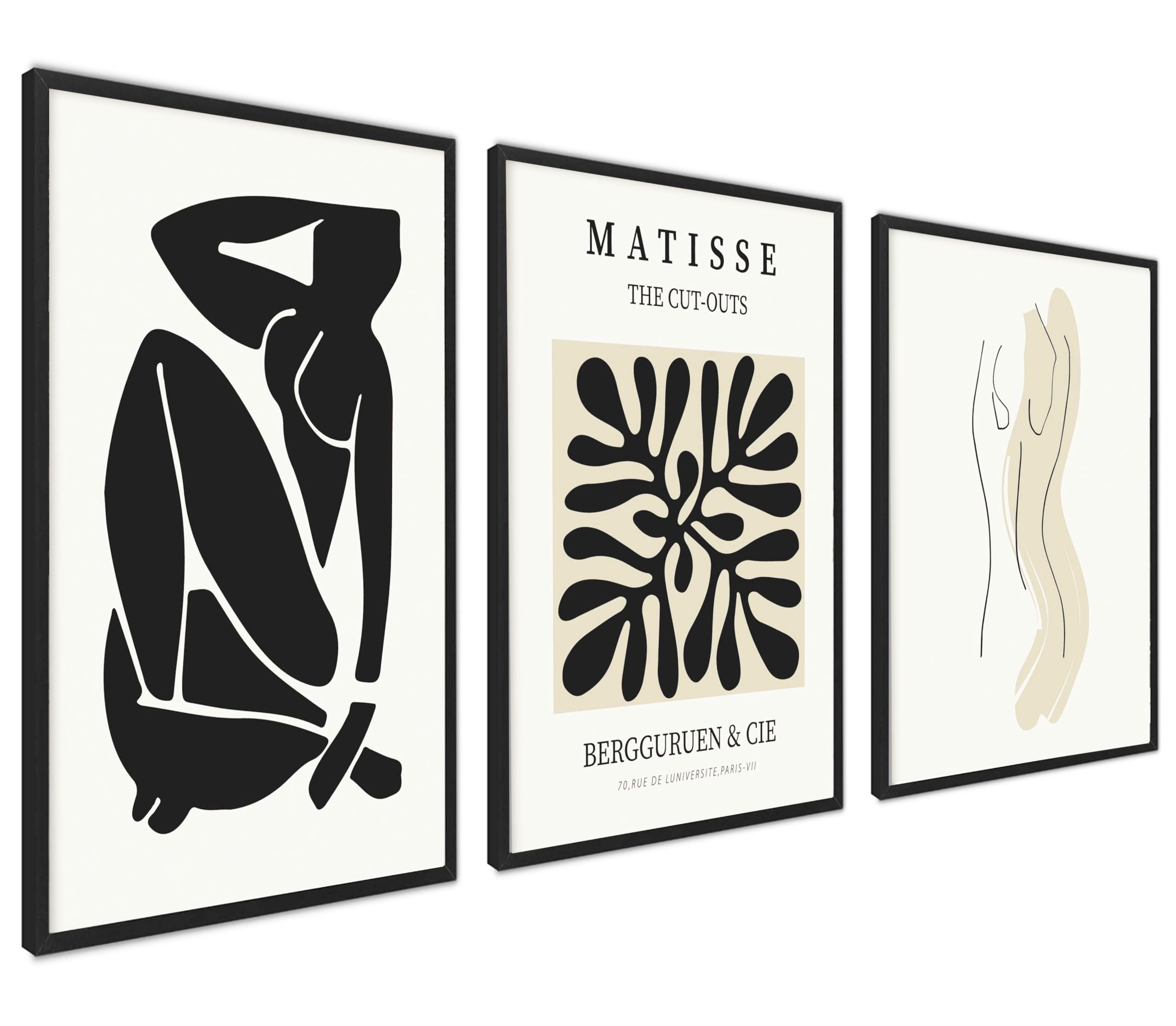 ag.art deco Pictures for Living Room | 30x40 cm Framed Wall Art | Posters with Black Frame | Canvas Wall Art for Hallway and Stairs | Room Decor | Set of 3 Artwork (Black Matisse Set)