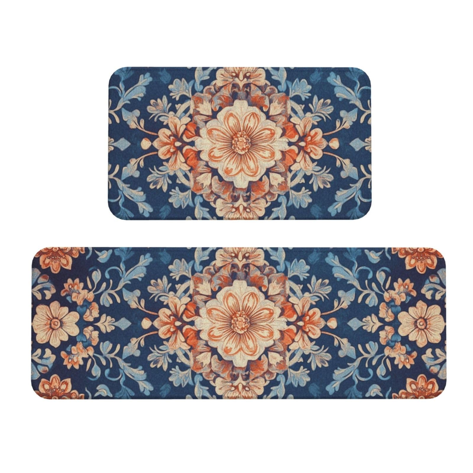 Juego de 2 tapetes de cocina acolchados diseño floral naranja/azul
