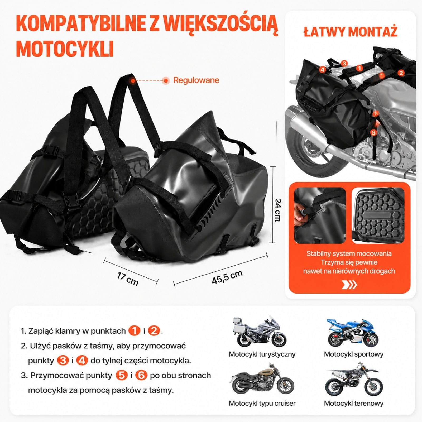 Zestaw 2 czarnych sakw motocyklowych po 14 l, 28 l łącznie, z PVC z matową siatką, dolnymi paskami montażowymi i miejscem na bagaż