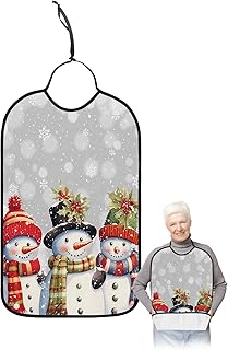 Kewadony Adult Bibs for Elderly Women - Christmas Waterproof Dining Clothing Protectors with Crumb Catcher for Eating/Feeding, Xmas Berry Winer Snowflake Snowman Grey Terry Cloth Bib Machine Washable