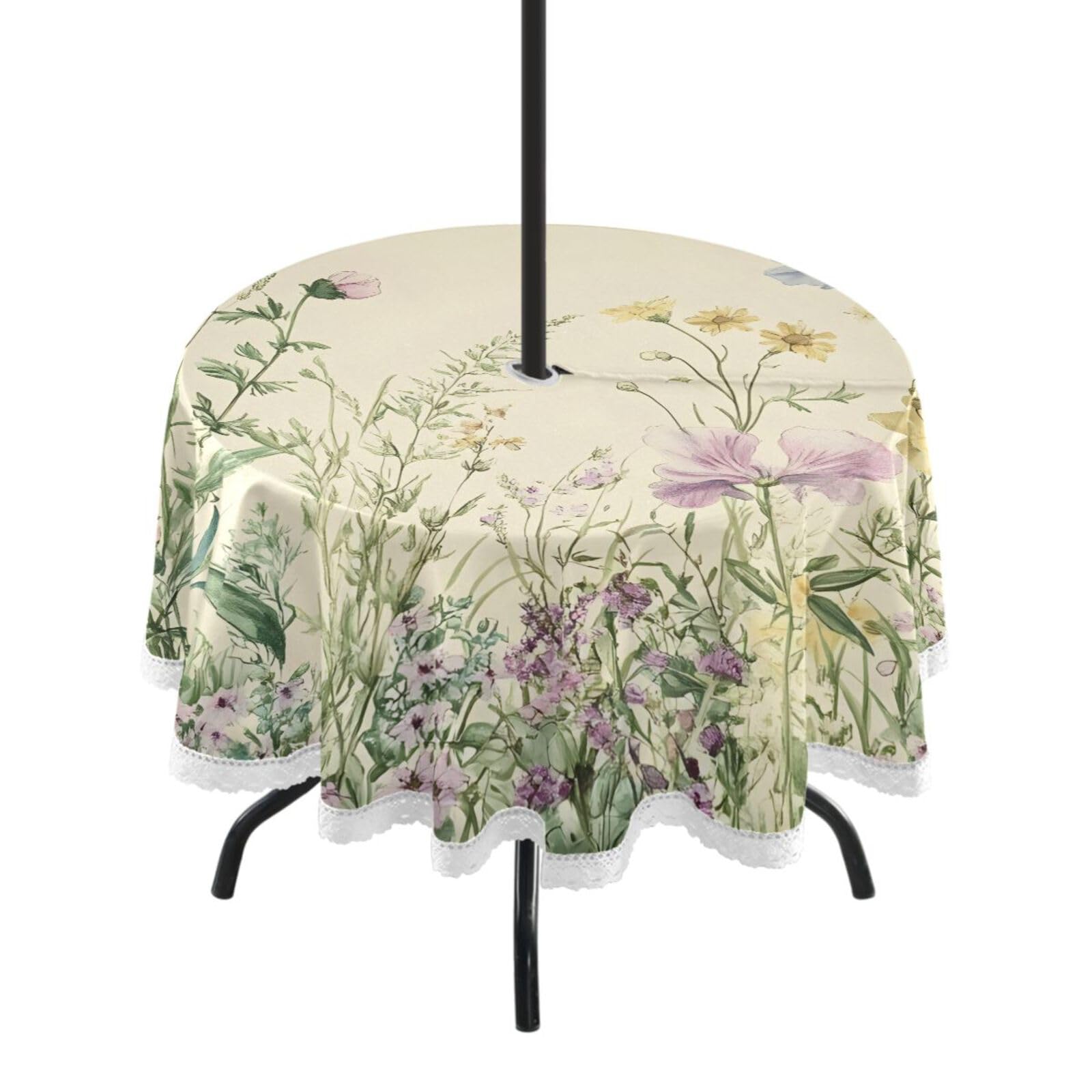 Ttgoth Wildflowers Outdoor Table Cloth 152 cm Water Stain & Resistan Tablecloth Wipeable Table Cover with Parasol Hole & Zipper for Garden Patio Party Picnic