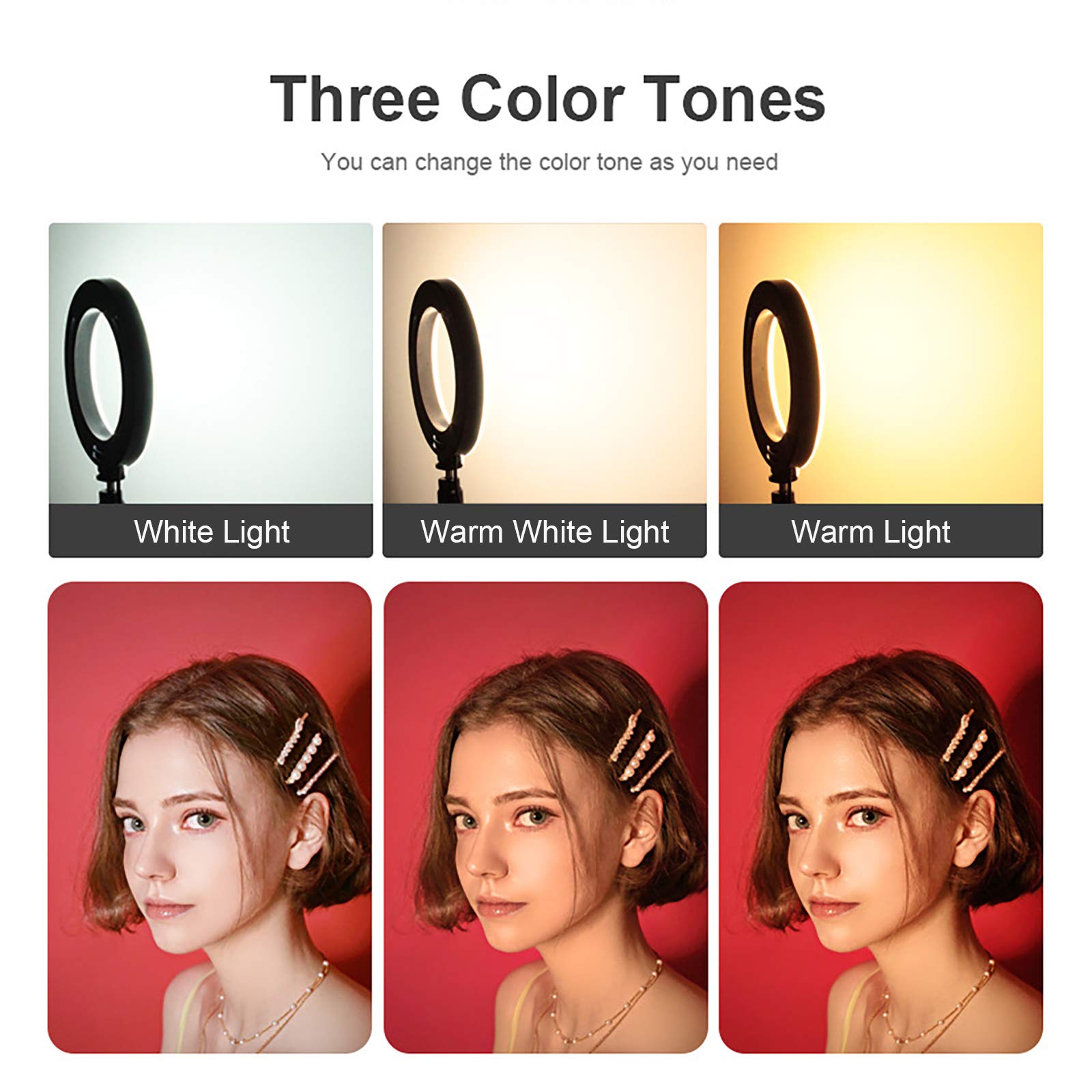 10-en Selfie Anillo de luz, Luz del Anillo portátil con Soporte Extensible y Soporte para teléfono, Iluminación del Stand Plegable para la fotografía de vídeo en Vivo y Maquillaje,Negro