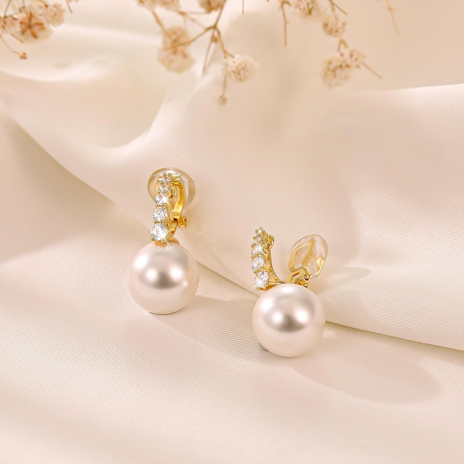 Pearl Clip on Earrings for Women - 14K Gold Plated Hypoallergenic Pearl Earrings for Women - CZ Dangle Earrings Elegant Jewelry for Wedding Bridal Gifts - Image 8