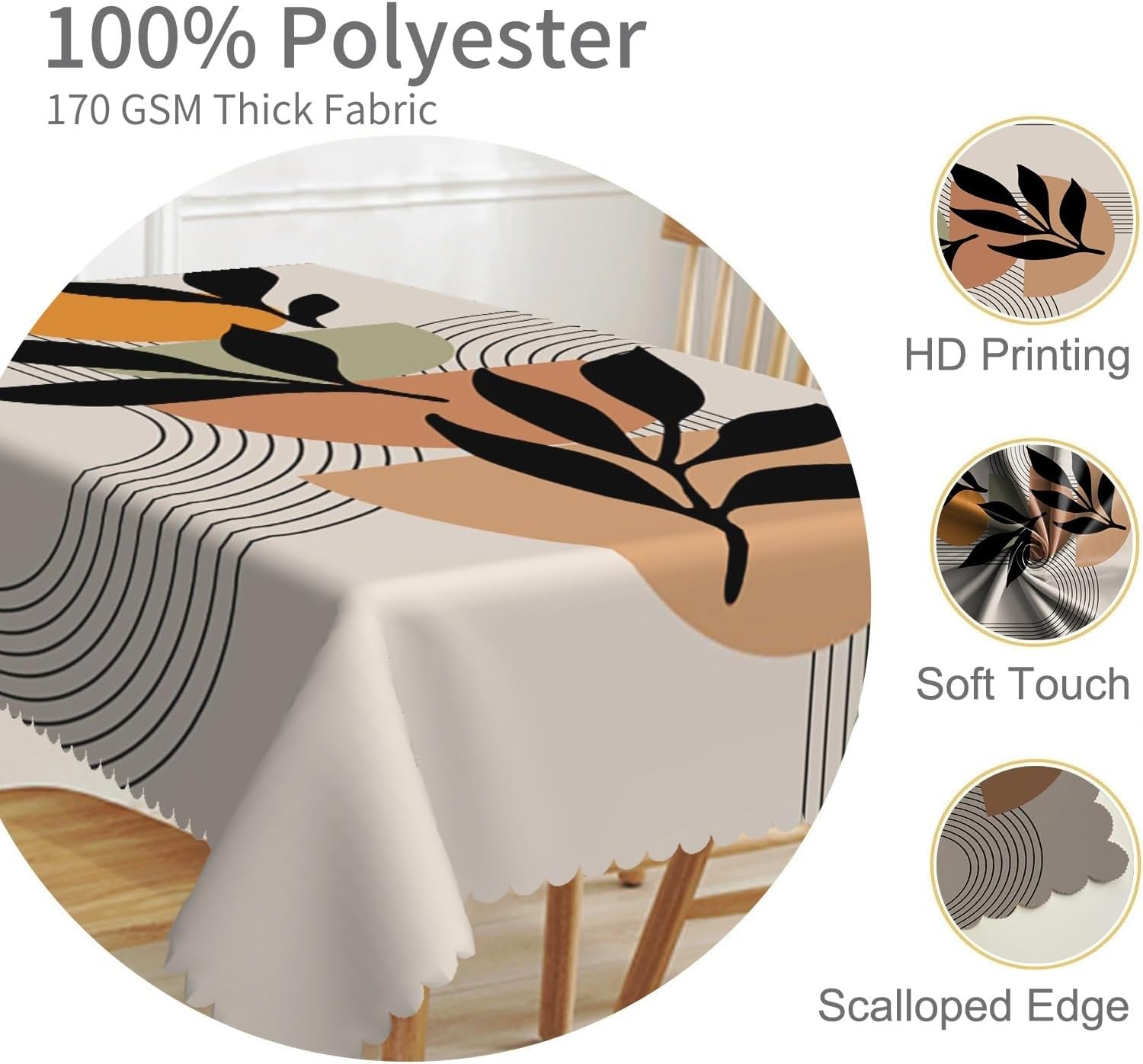 70x70inches Mid Century Boho Square Tablecloth Abstract Minimalist Arch Leaf Semicircle Sun Contemporary Modern Table Cloth Waterproof Fabric Table Cover for Kitchen Dining Room Home Decor