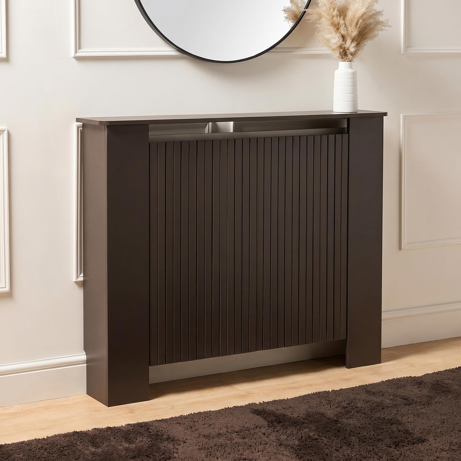 OHS Medium Radiator Cover Ribbed Wooden Top Shelf Heater Cover, Chocolate