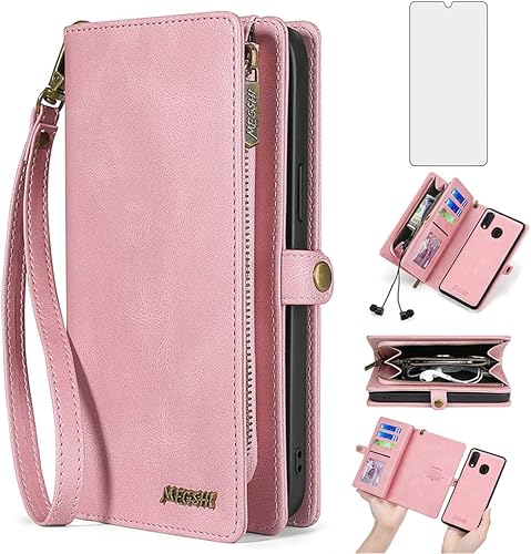 Asuwish Funda de teléfono para Samsung Galaxy A20 A30 con cremallera, funda desmontable con protector de pantalla de vidrio templado y tarjetero de