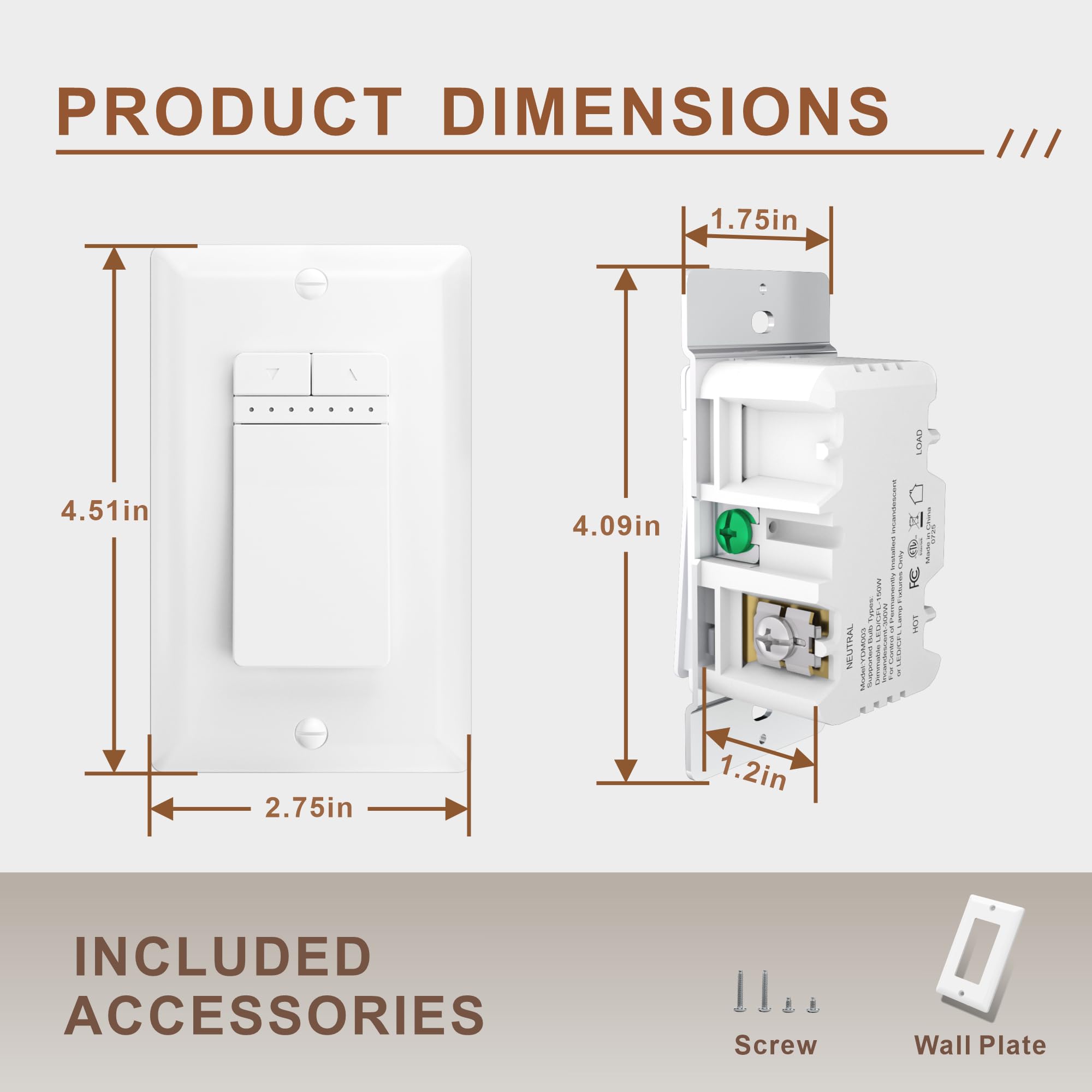 ECOELER Interruttori dimmer a polo singolo, per lampadine alogene e a incandescenza da 150 W, lampadine alogene e a incandescenza da 300 W, necessita di filo neutro, piastra da parete inclusa, ETL e