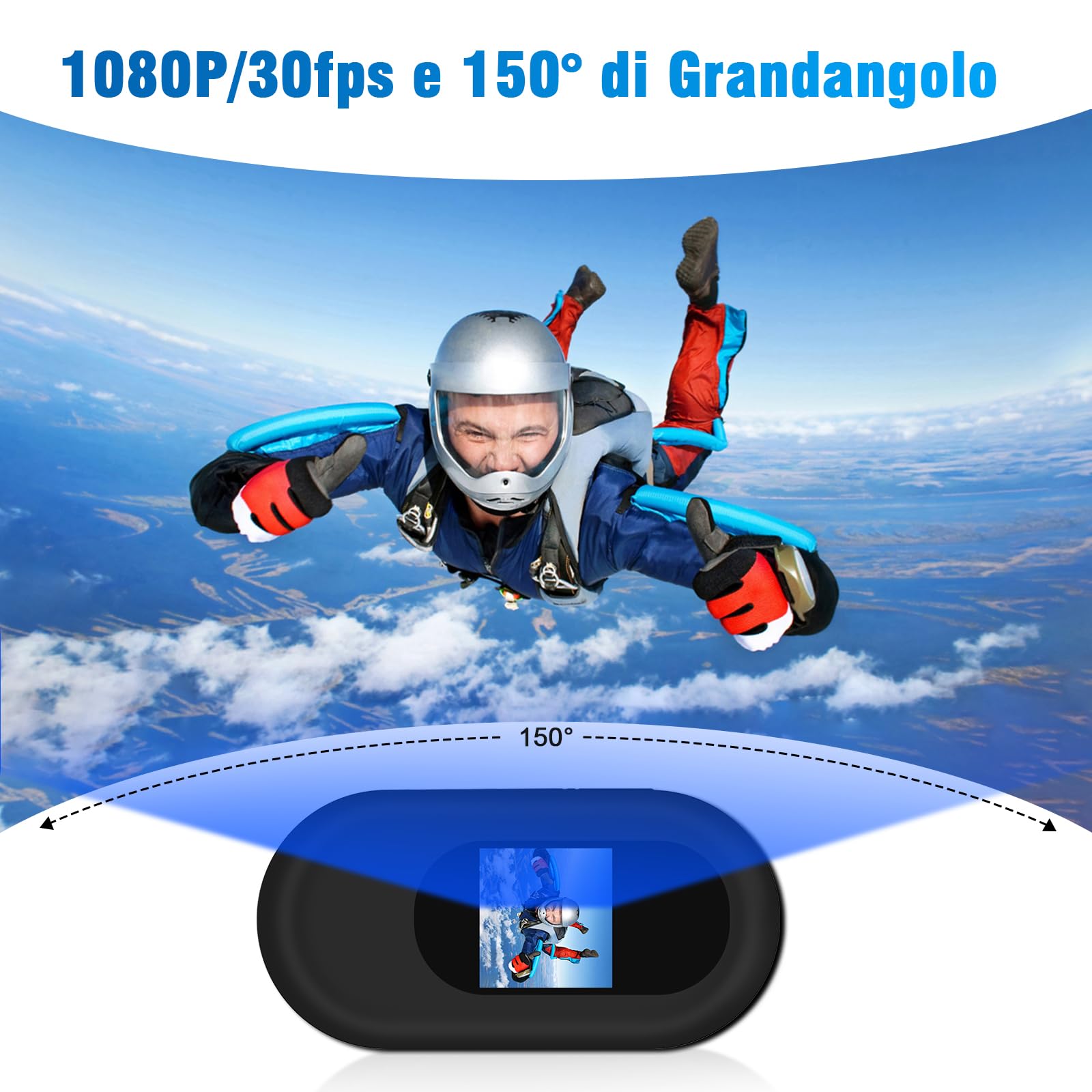Action Camera 1080P, Fotocamera Sportiva Mini con Visione Notturna 150°, Telecamera Sportiva Magnetica IPX4, Kit Accessori per Casco/Bici/Moto, Schermo LCD + Gancio 360° Per esterni e vlog