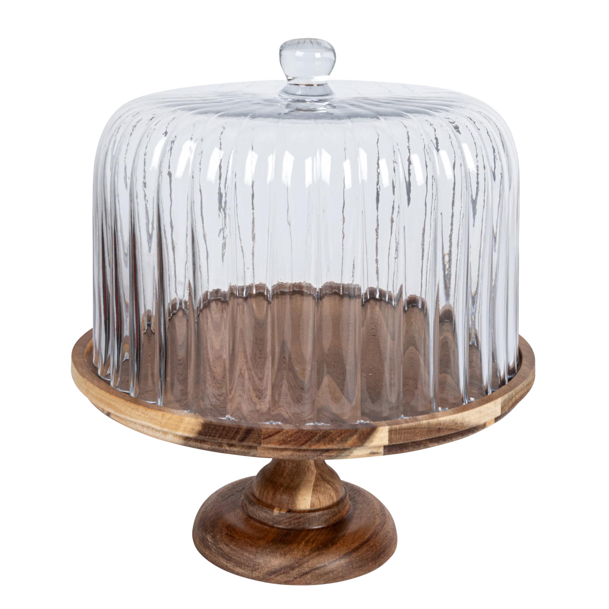 Creative Co-Op 12 Inches Round Acacia Wood Pedestal with Fluted Glass Cloche, Natural, Set of 2