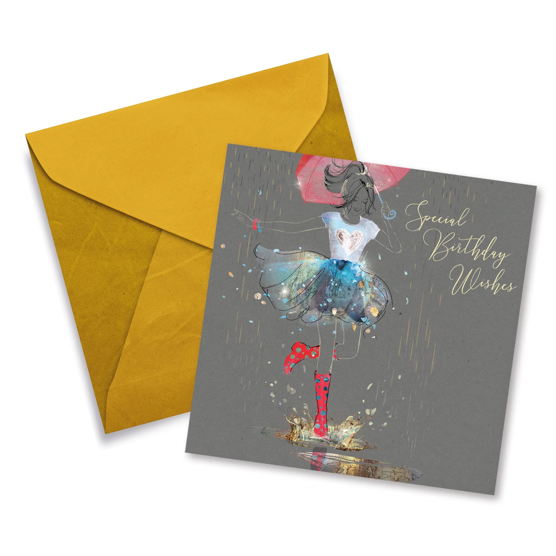 Cherry Orchard Biglietto Auguri Compleanno Donna – Ragazza In Vestito Giallo Shopping – Con Lamina Oro - copertina