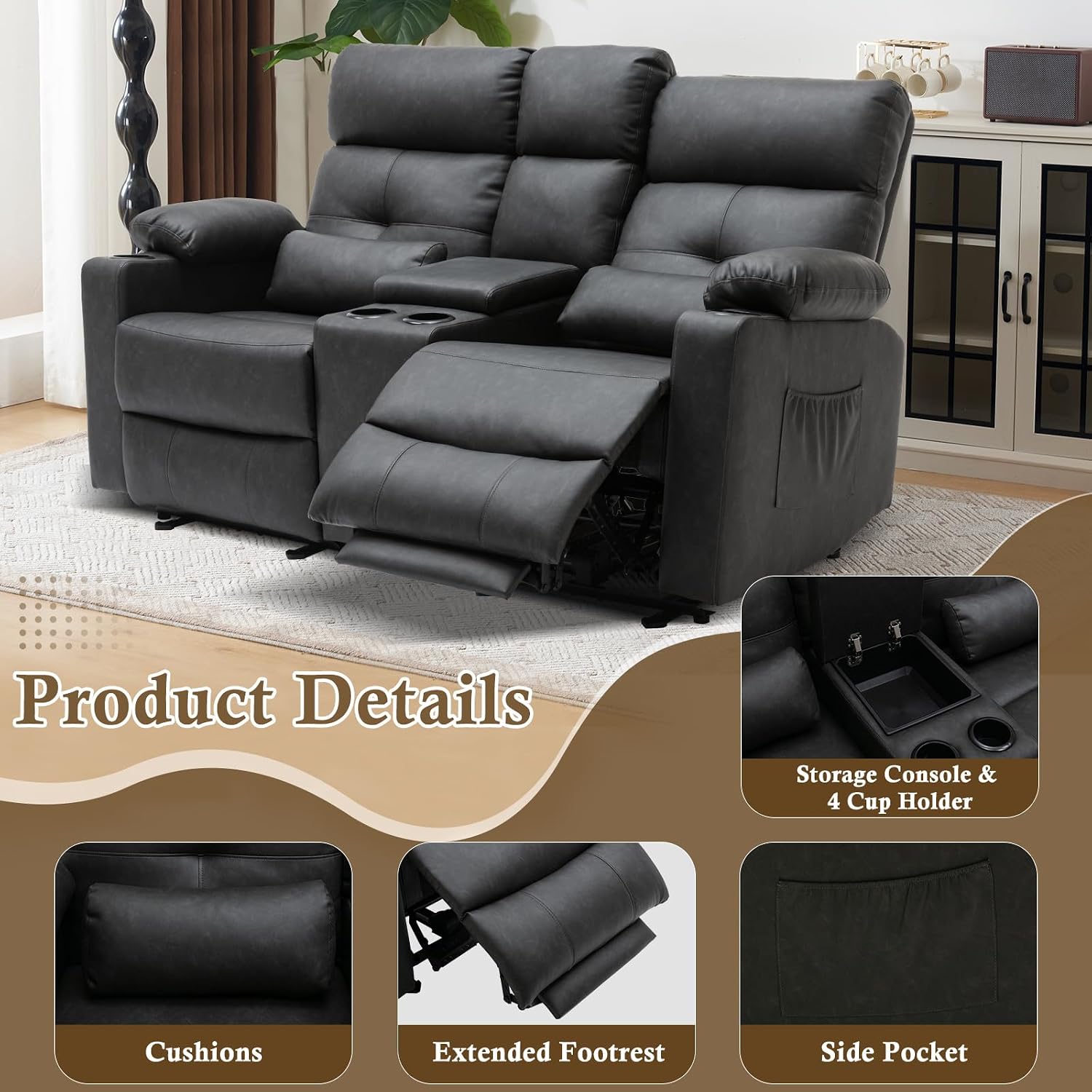 Power Loveseat Recliner Sofa with Console, Loveseat Reclining Sofa with Heat & Massage, Home Theater Seating with Lumbar Pillow for Living Room, RV Recliner Loveseat (PU, Dark Gray)