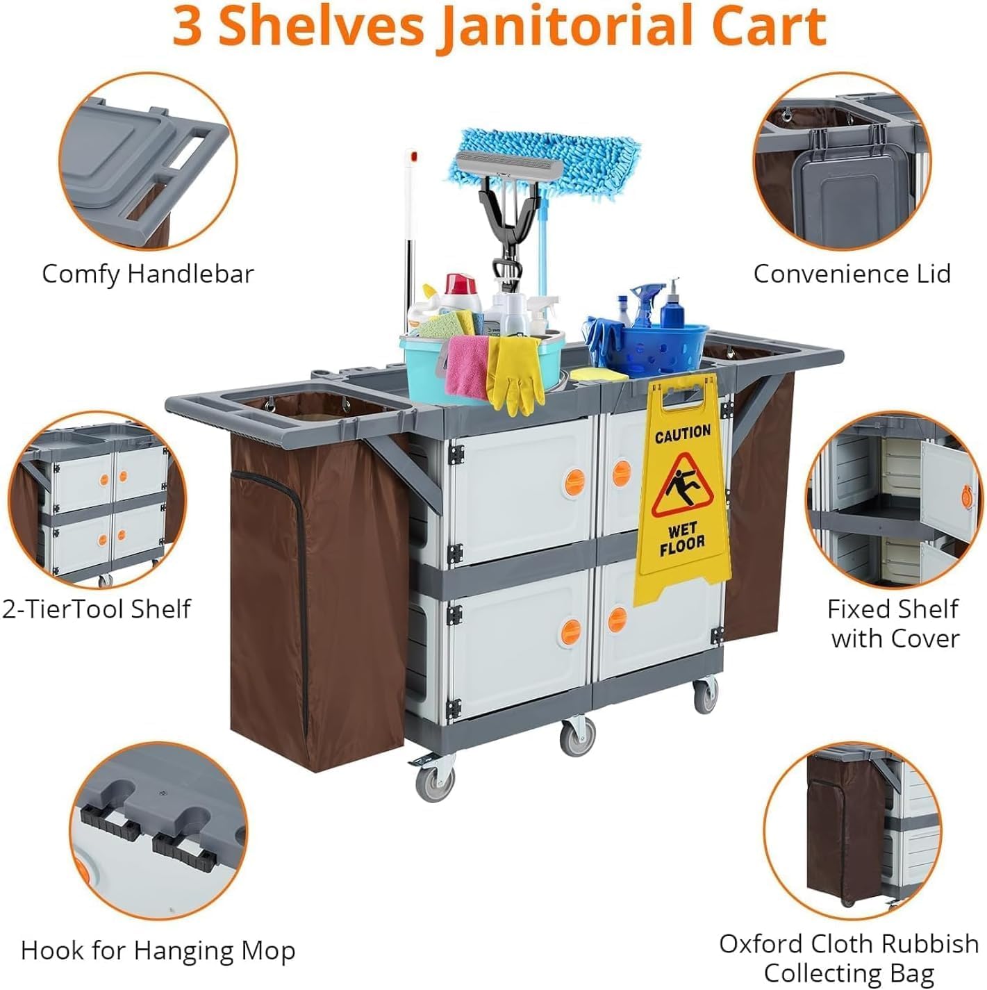 Carrello di Pulizia Professionale - 6 Ruote, Armadietti e Ripiani, Sacco in Vinile, Capacità 300L - Uso Commerciale per Hotel, Ospedali, Uffici - Colore Germany