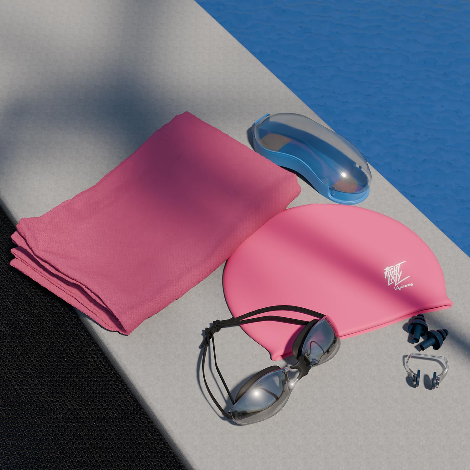 LifelongSwimming Combo Kit for Kids 5+ Years- Swim Cap, Swimming Goggles with Earplug Attached, Noseplug & Microfibre Towel - Easy Fit Swimming Accessories