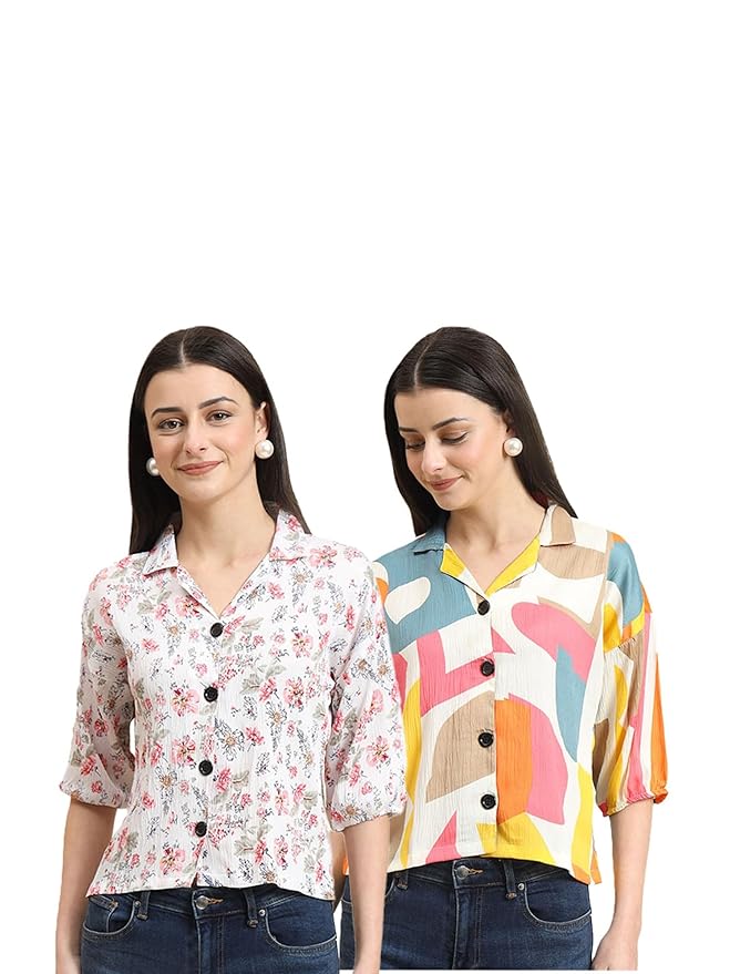 Women’s Cotton Blend Printed Combo (Pack of 2) Shirts – 3/4 Sleeves V Collar Neck
