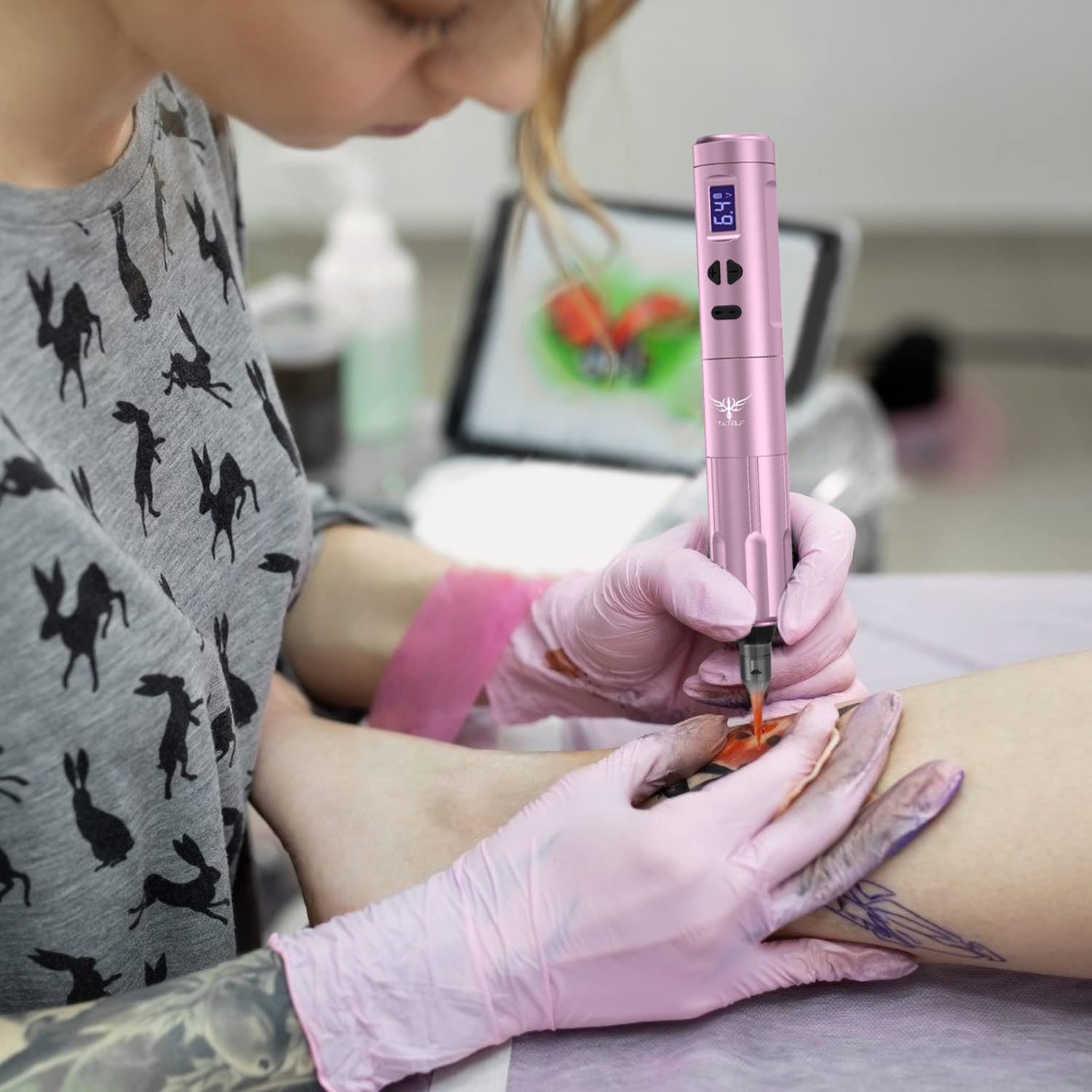 TATELF Kit de máquina de maquillaje semipermanent de Inalambrica con 2 Batería de Alimentación 10 cartuchos agujas para principiantes (Rosa)