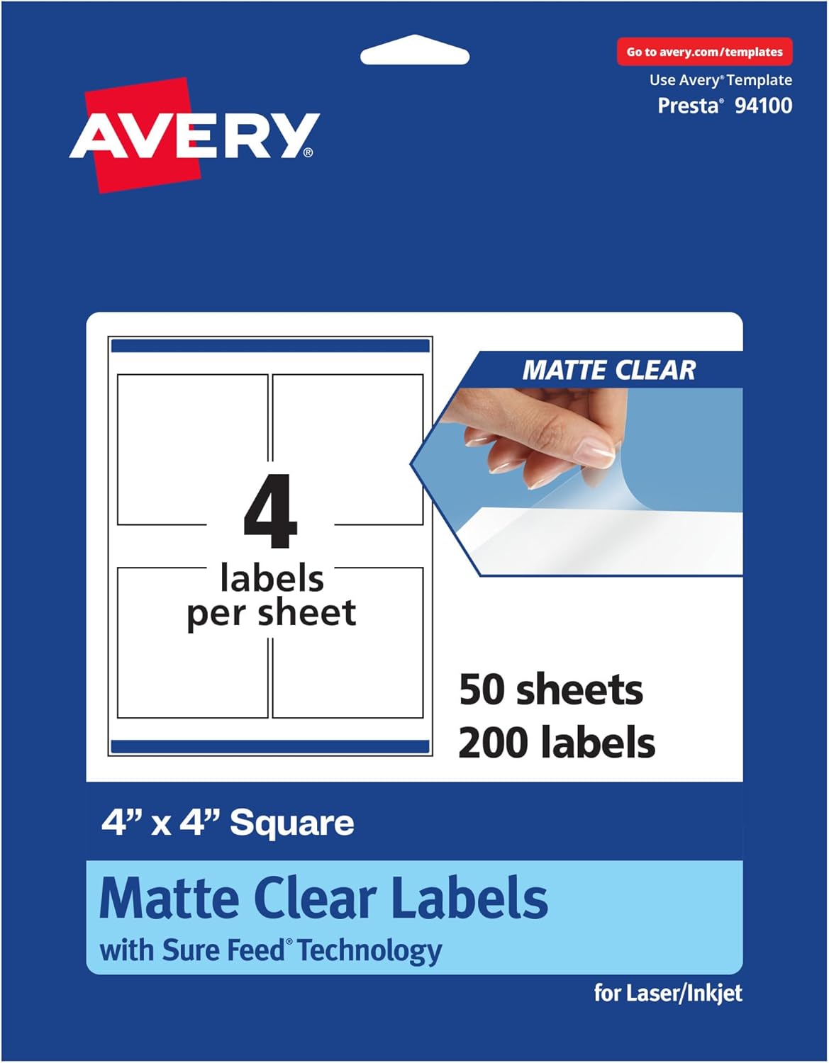 Avery Matte Clear Square Labels, Sure Feed Technology, 4" x 4", 100 Matte Clear Labels, Laser/Inkjet Printable