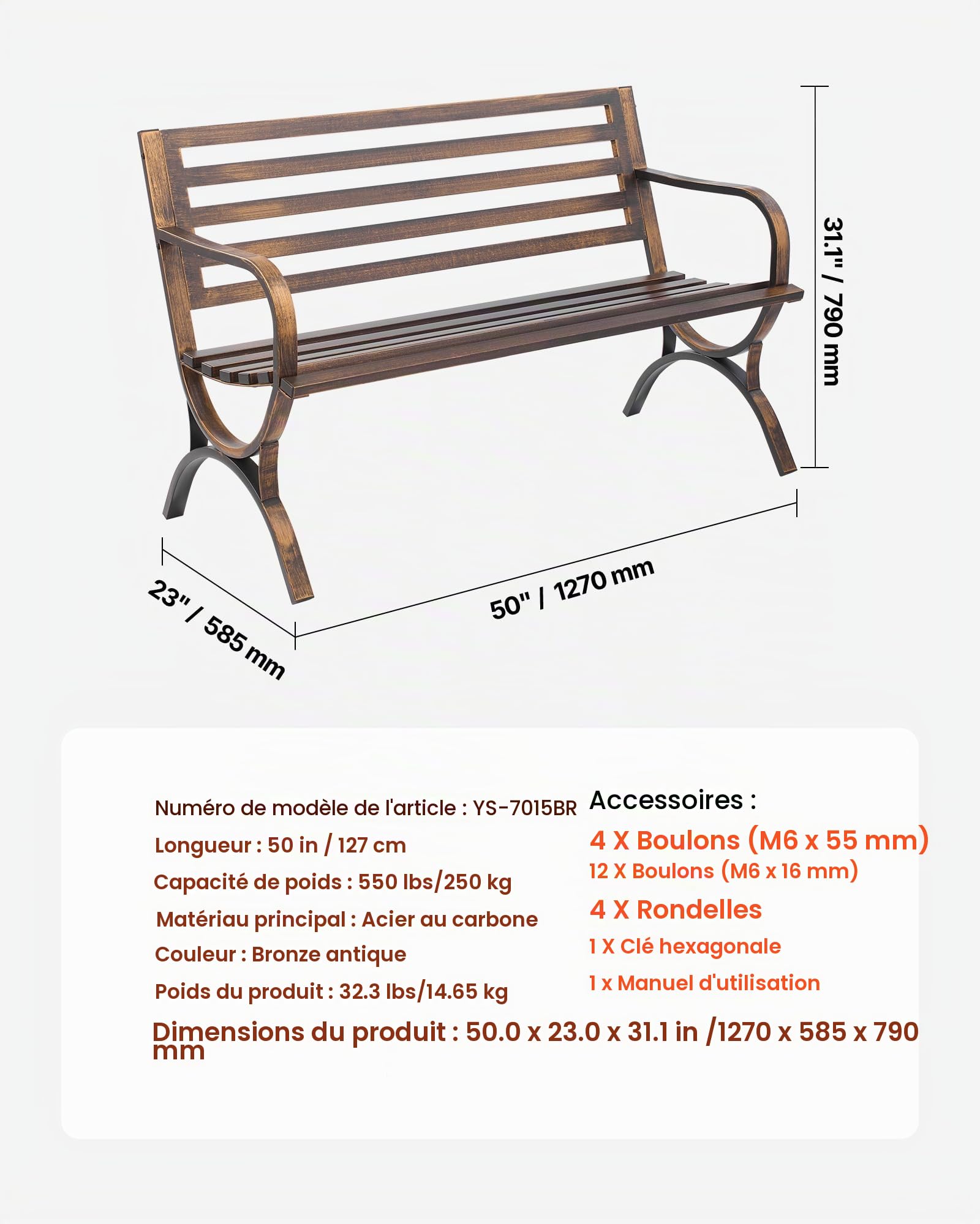 VEVOR Banc de Jardin, 127 cm, Banquette d'extérieur en Acier Carbone avec Dossier à Lattes et accoudoirs à Bords arrondis, Banc extérieur résistant aux intempéries pour terrasse, Parc, Bronze Antique