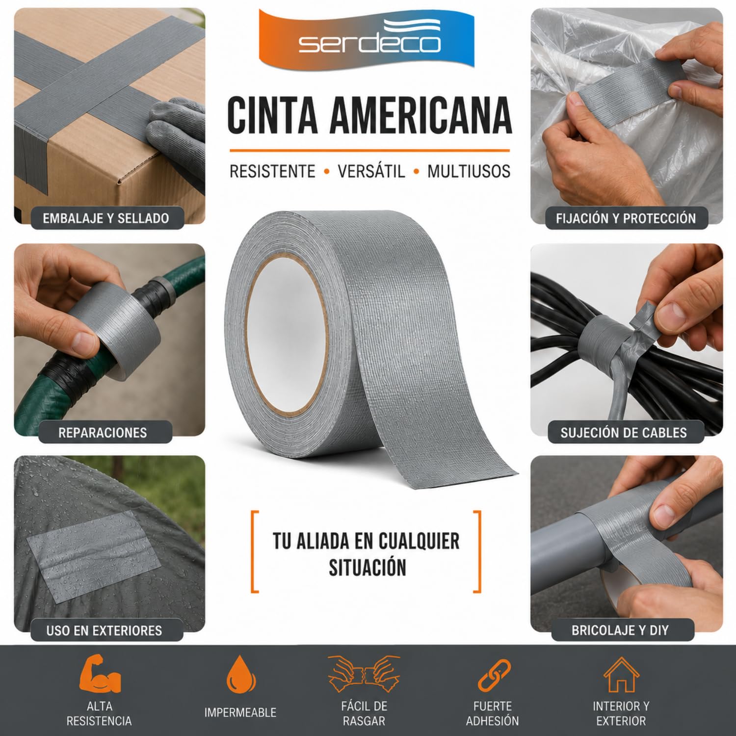 SERDECO Cinta Americana Gris 48 mm x 50 m – 24 Rollos