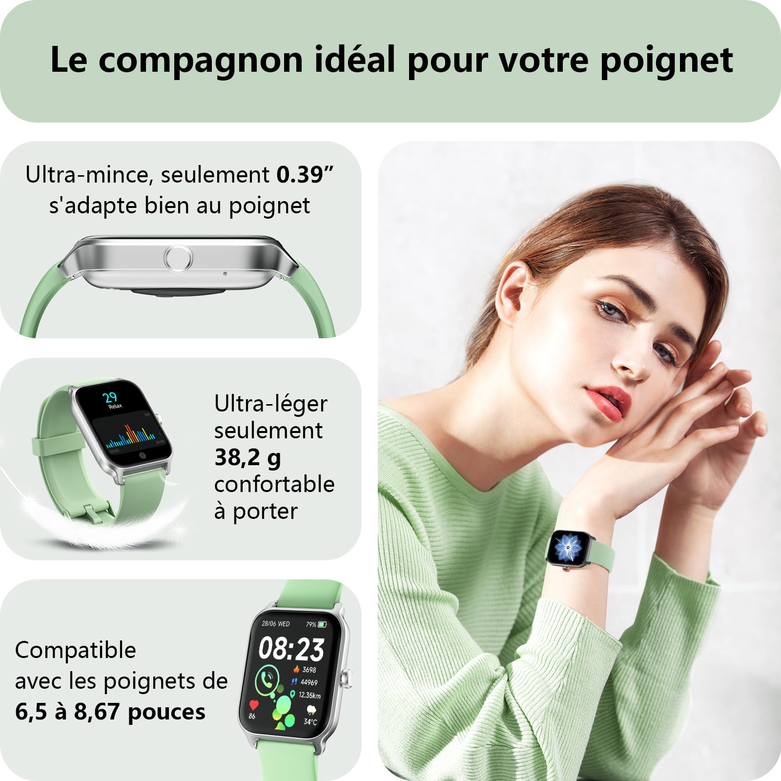 Yoever Montre Connectée Femme avec Alexa, 1.8" Smartwatch, Répondre Appel, Moniteur SpO2 Fréquence Cardiaque Sommeil, 100 Sport, Podomètre, IP68, Vert pour Android iOS