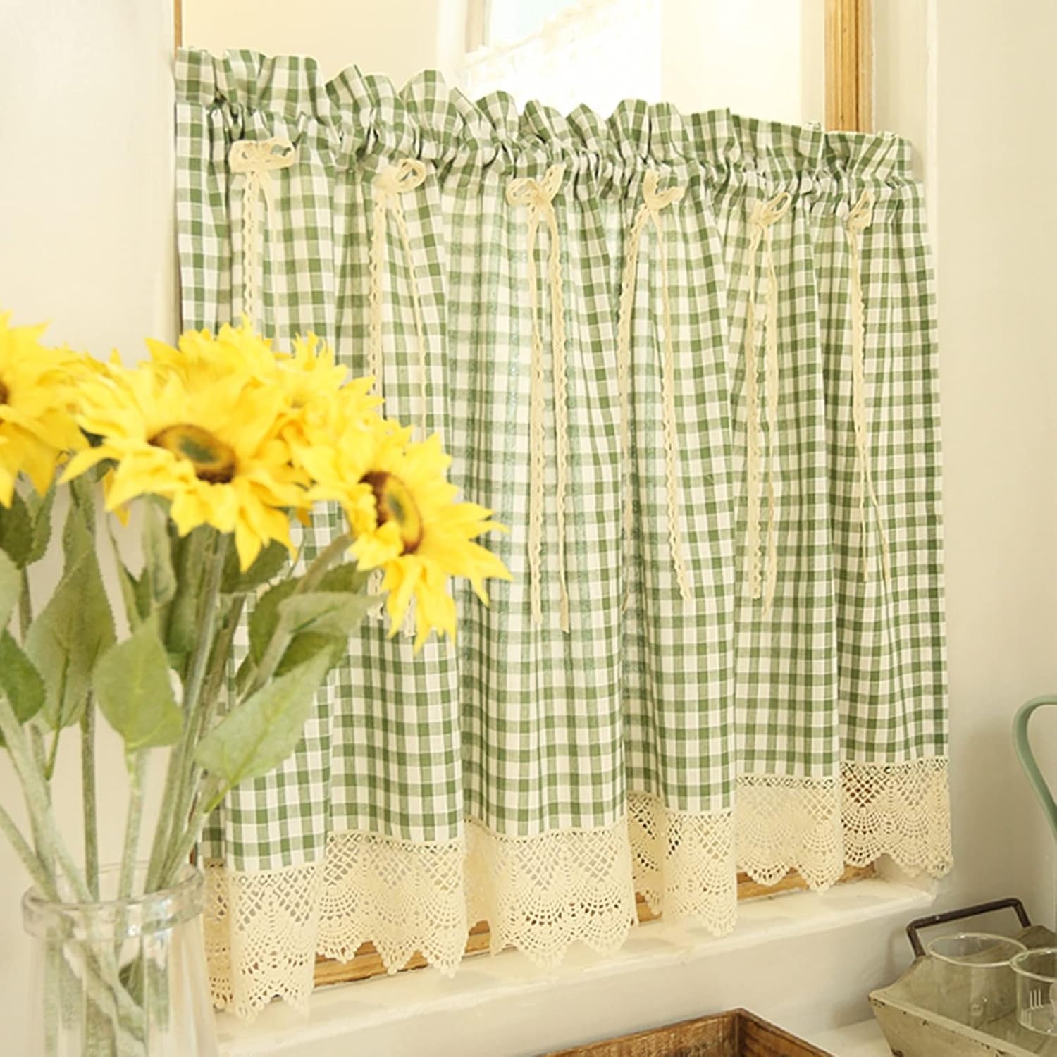 Cotton Kitchen Curtains Green Plaid, Cafe Short Tier Curtains Rural Style, for Decor Half Window, Cupboard Blackout Dust Curtain Valance Rod Pocket, 1Panel (Size : W135xH90cm/53x35.4in)