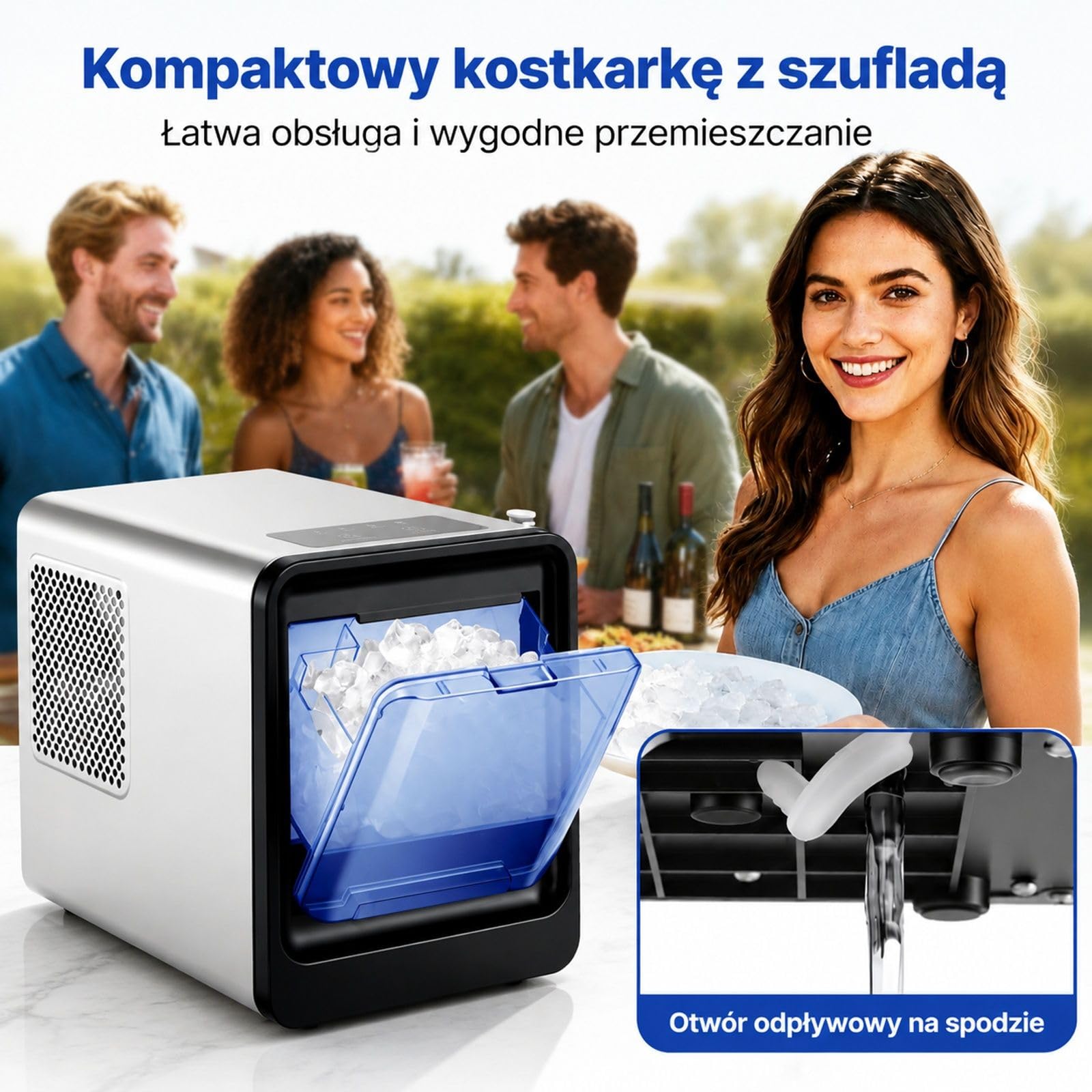 Stołowa kostkarka do lodu, wydajność 15 kg dziennie, kostki do żucia, zbiornik wody 0,8 l, obudowa ze stali nierdzewnej, samoczyszczenie, łopatka, do domu, kuchni, biura i baru