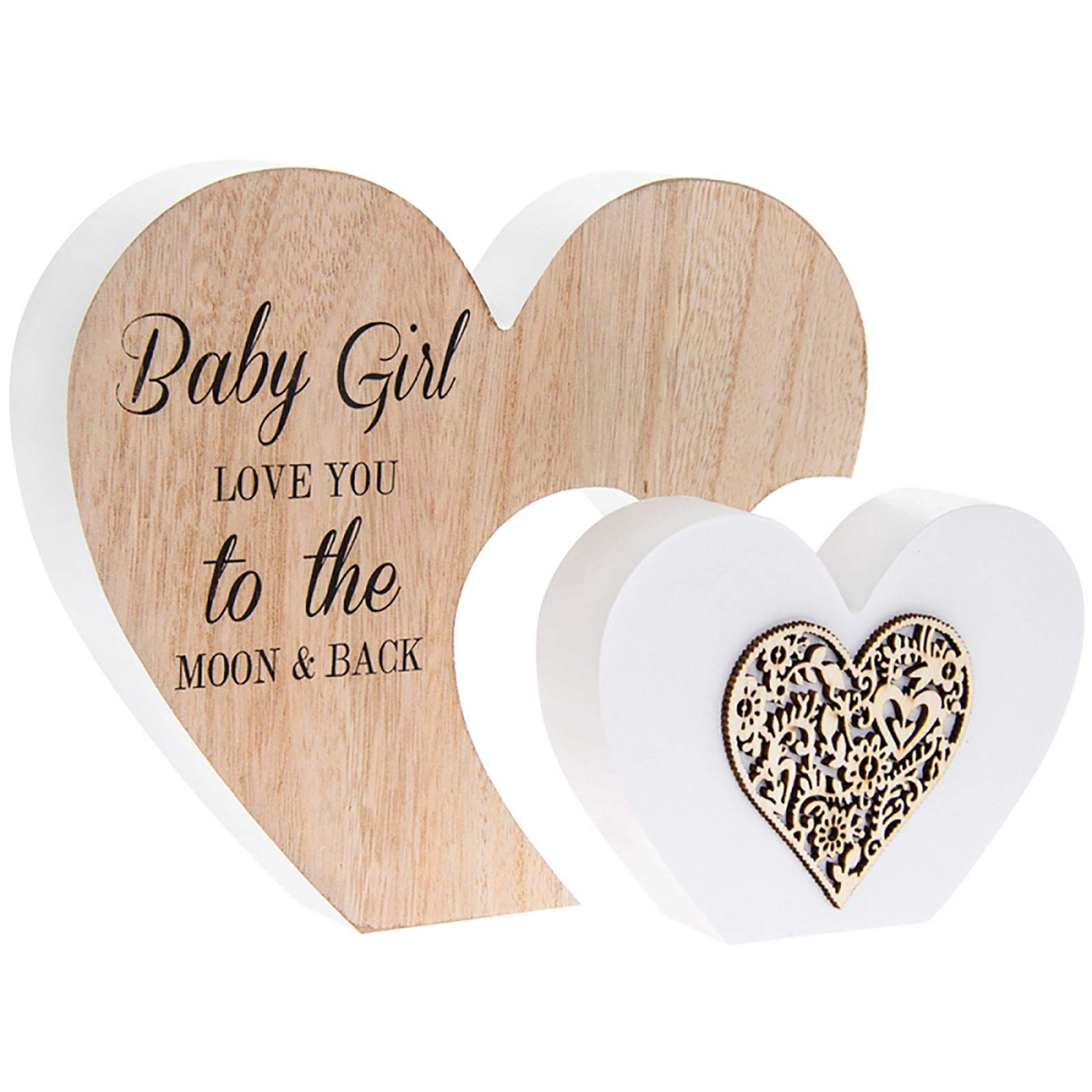 The Leonardo Collection Women's Baby Girl Love You Moon & Back Wooden Heart Sentiment Plaque Ornament Gift