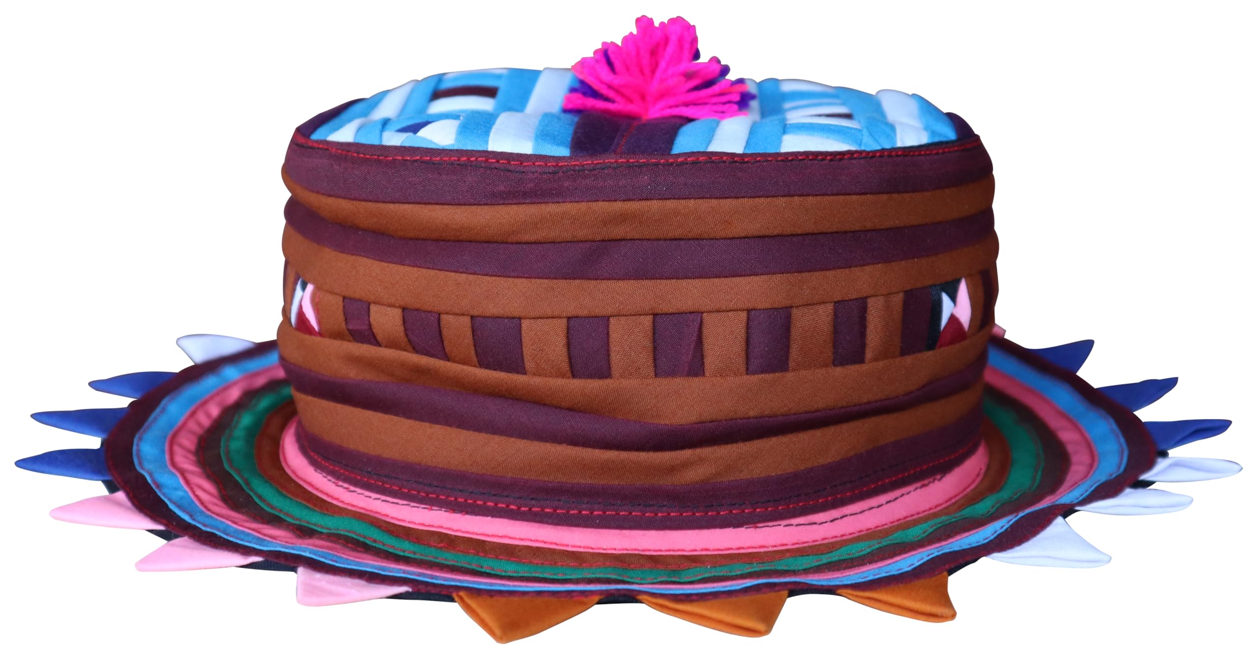 RaanPahMuang Carnival Striped Spike Rim Party Hat Made by Lisu Hill Tribes in Thailand, Large, Multicolour and Indigo Purple