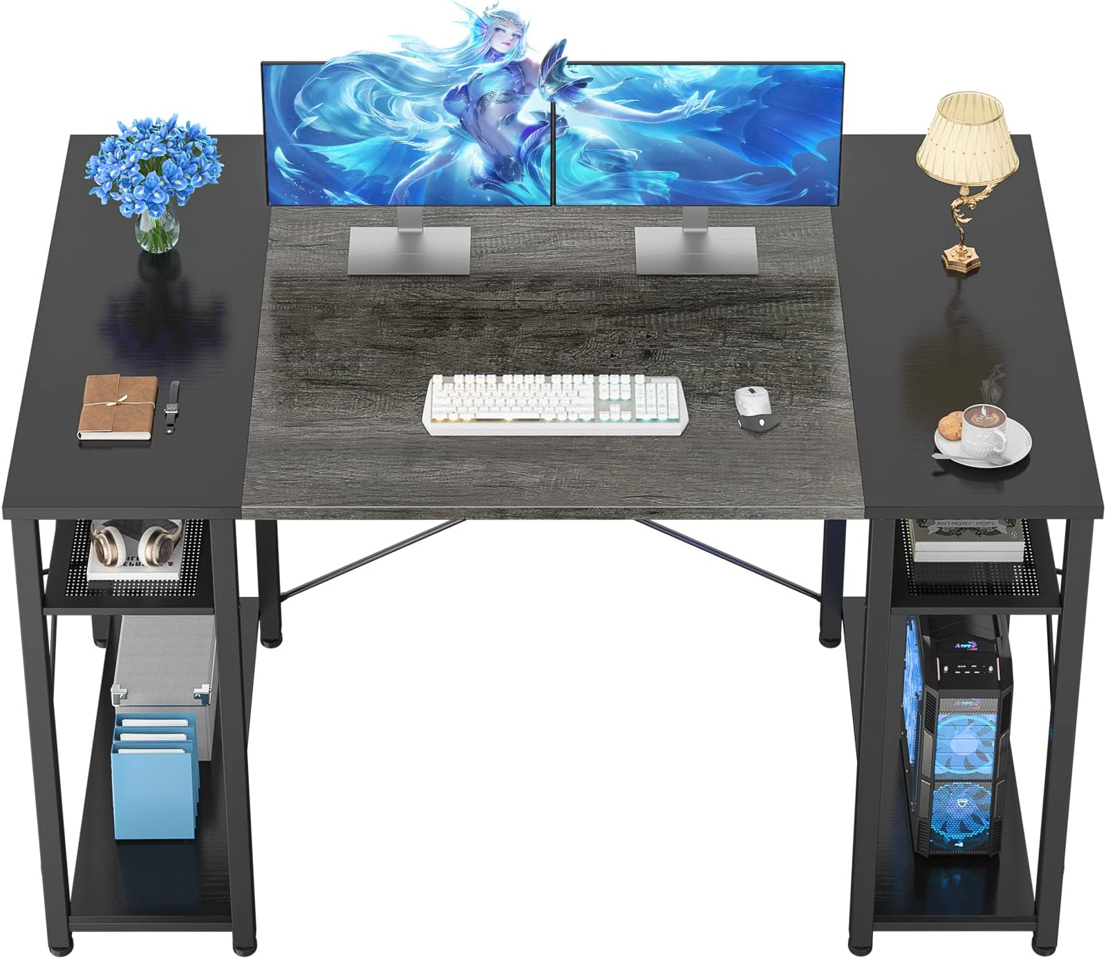 Ecoprsio 47.2 Inch Computer Desk, Large Office Desk with 4 Storage Shelves, 47.2'' Study Writing Table with CPU Stand, Sturdy PC Desk for Home Office, Bedroom, Gaming Room, Grey and Black