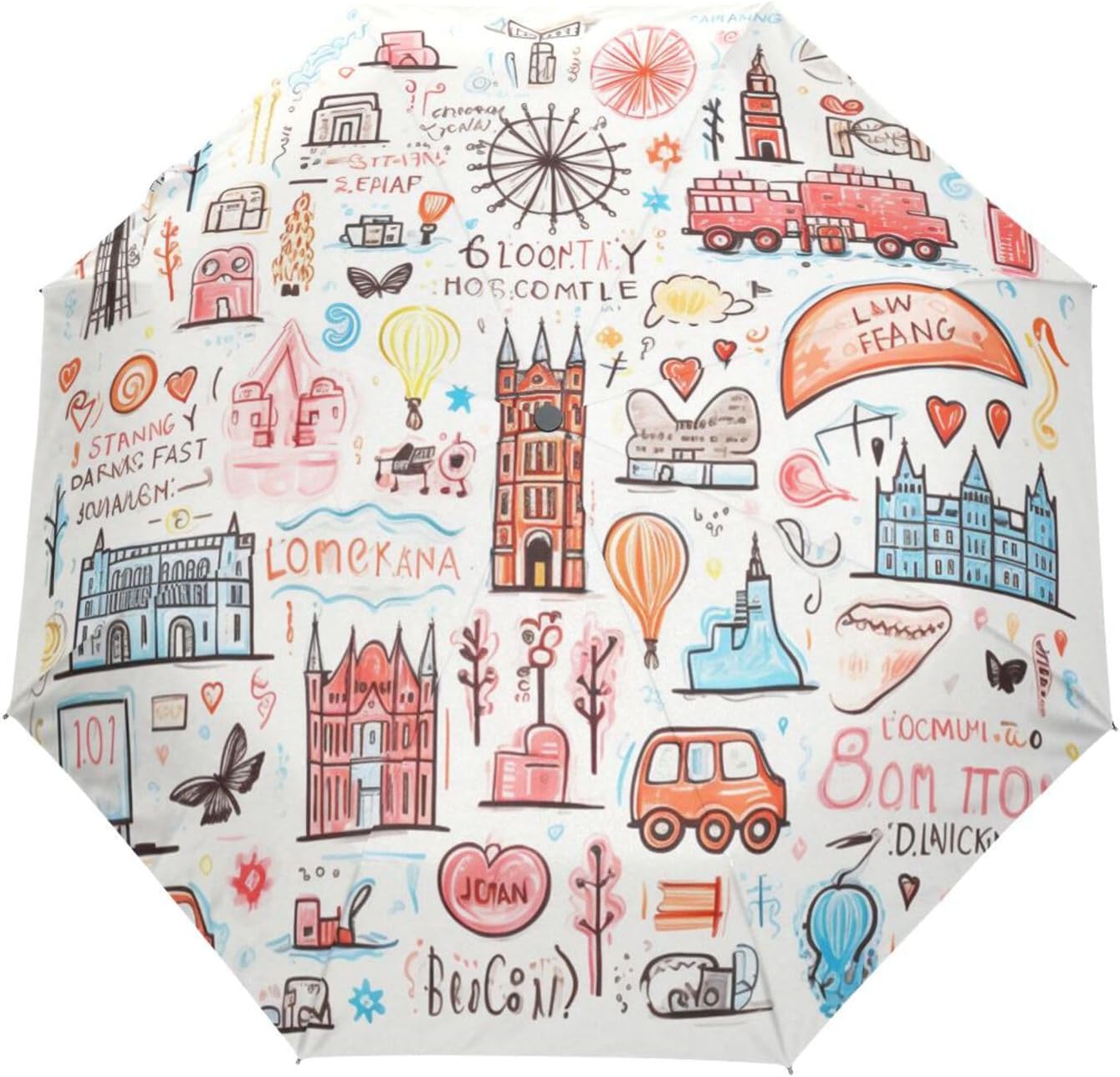 Abstract Doodle London Automatic Foldable Umbrella UV Protection Auto Open Close Portable Compact Travel Umbrellas for Boys Girls