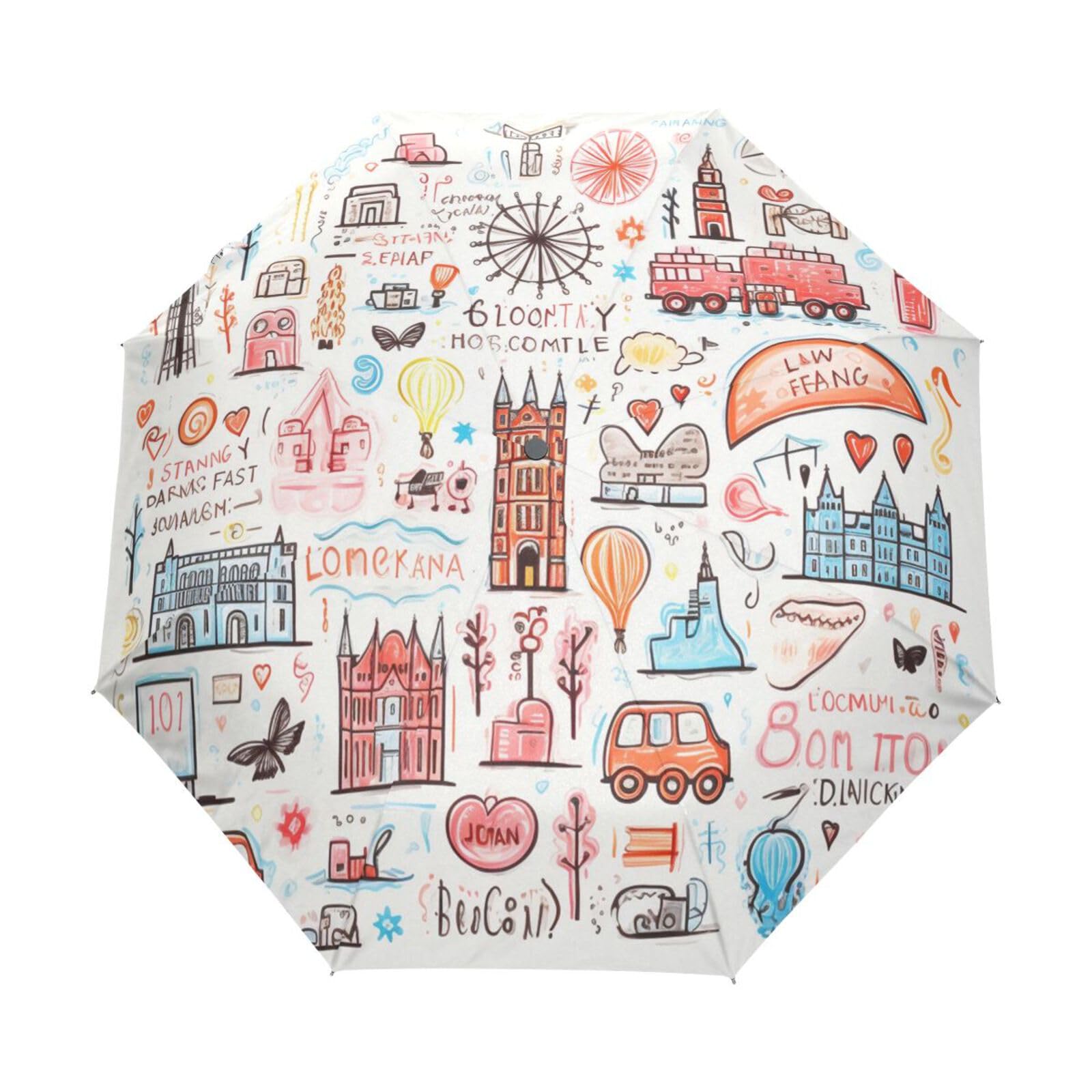 Abstract Doodle London Automatic Foldable Umbrella UV Protection Auto Open Close Portable Compact Travel Umbrellas for Boys Girls