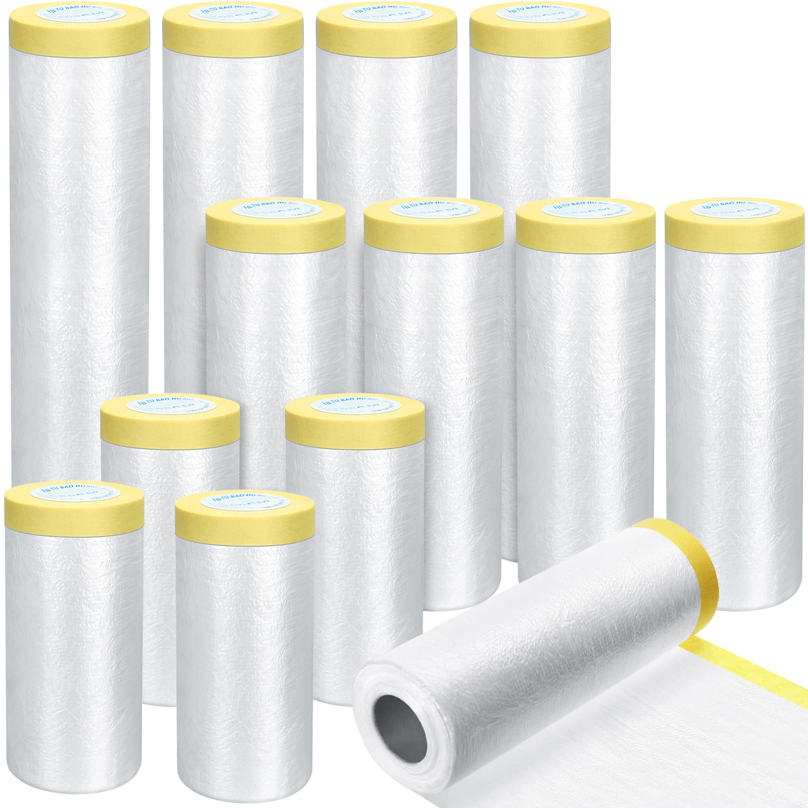 12 rotoli di nastro e drappeggio assortiti, fogli di plastica pre-nastrati, carta per mascherare trasparente per pittura automobilistica, 3 misure multiple x 66 piedi/rotolo