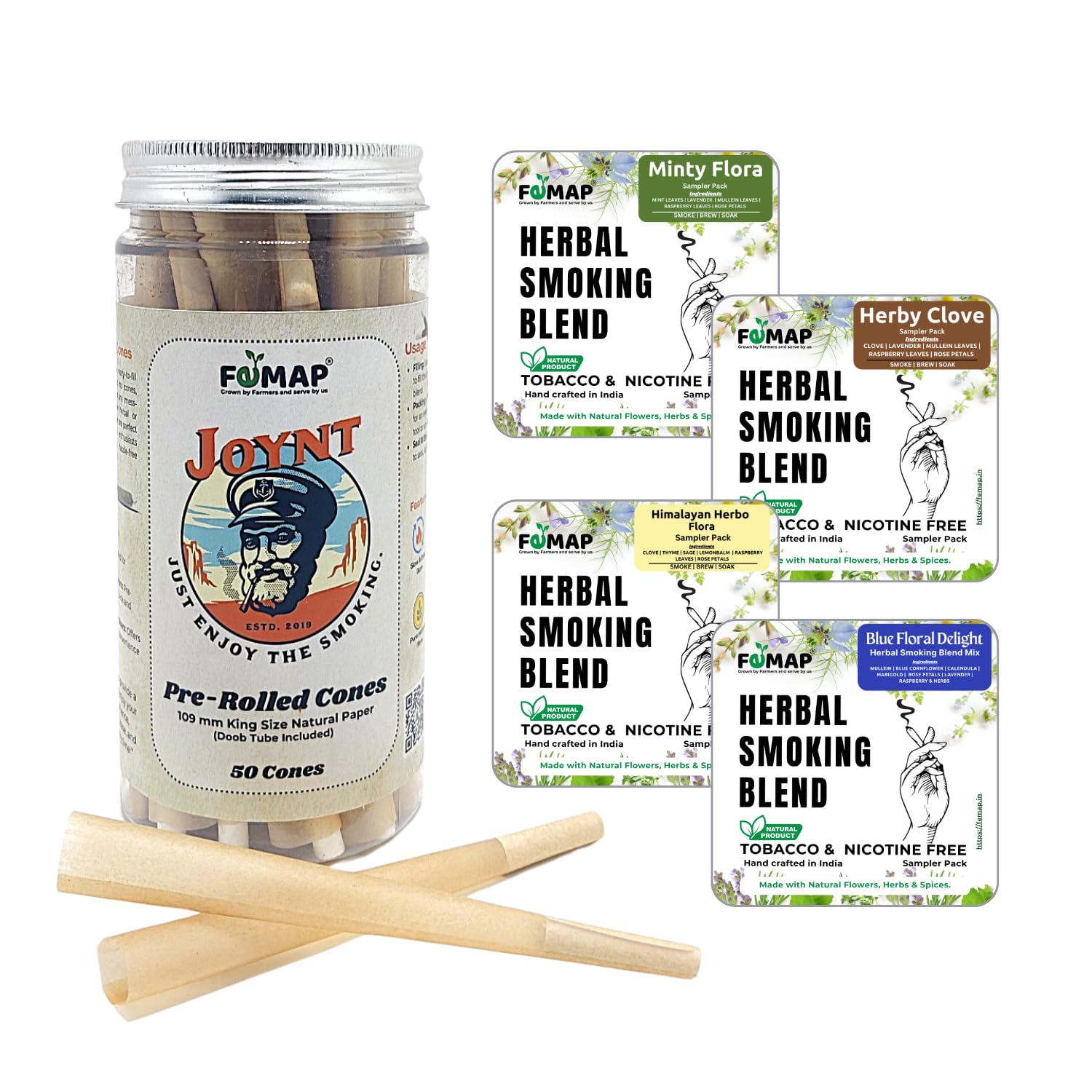Combo - Joynt Pre Rolled Empty Paper Cones (50 Pcs) with 4 Sampler Herbal Smoking Blend Pack (2g Each) | Minty Flora, Blue Floral Delight, Herby Clove, Himalayan Herbo | Natural Herbal Mix-image-13