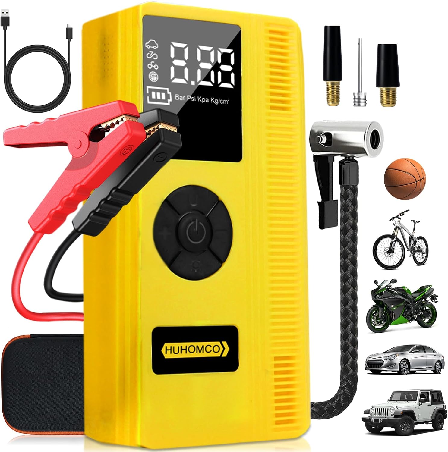 7-in-1 Car Jump Starter with Air Compressor, 3000A Portable 12V Power Pack, 150PSI Digital Tire Inflator for 9L Gas/7L Diesel, Multifunctional Jump Box with LED Light and Jumper Cables