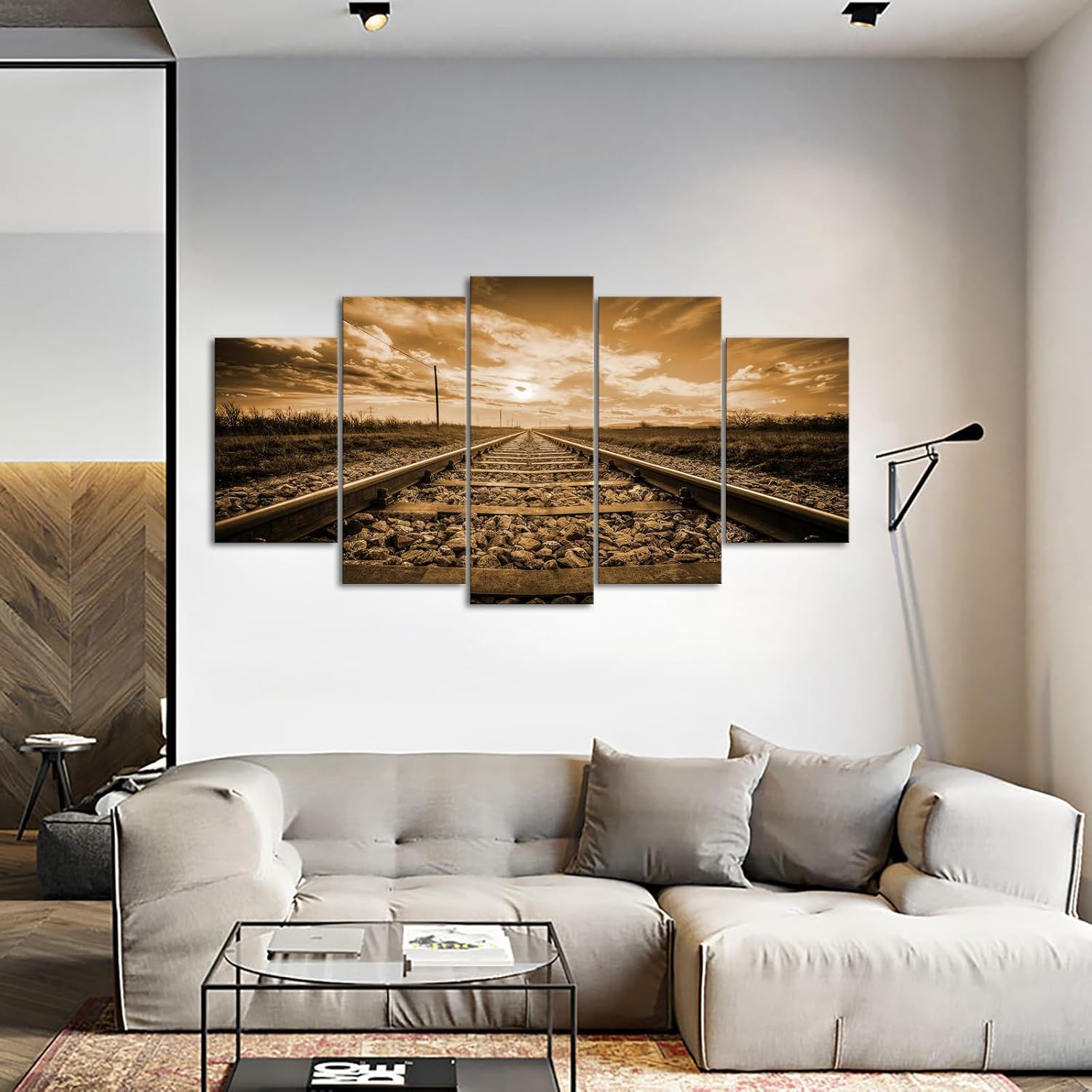 iKNOW FOTO 5 Panel Large Canvas Wall Art Vintage Sepia Railroad Track Giclee Prints Picture for Modern Decor for Living Room, Bedroom, Office 60"x32" - Image 4