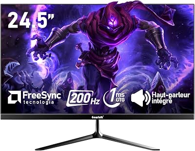 Gawfolk Écran PC 24,5 Pouces, Moniteur de Jeu pour Ordinateur 200 Hz, FHD 1080p, Haut-parleurs intégrés, 1 ms, FreeSync, 99% sRGB, Angle de Vue de 178°, HDMI, DisplayPort, Noir