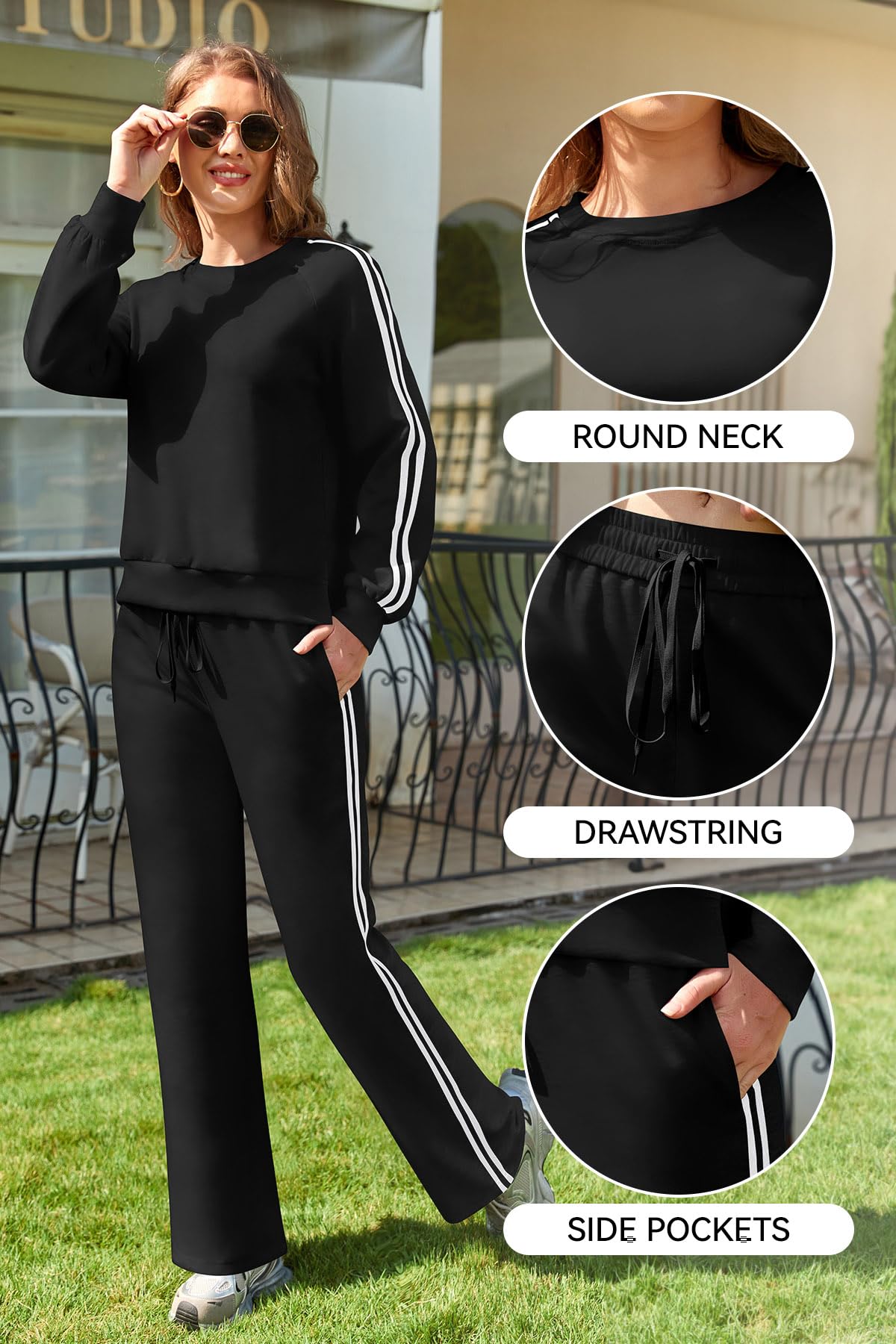 SHEKINI Chándal deportivo para mujer completo de dos piezas casual mono de gimnasia sudadera de rayas manga larga y pantalones con bolsillos pijama conjunto otoño invierno