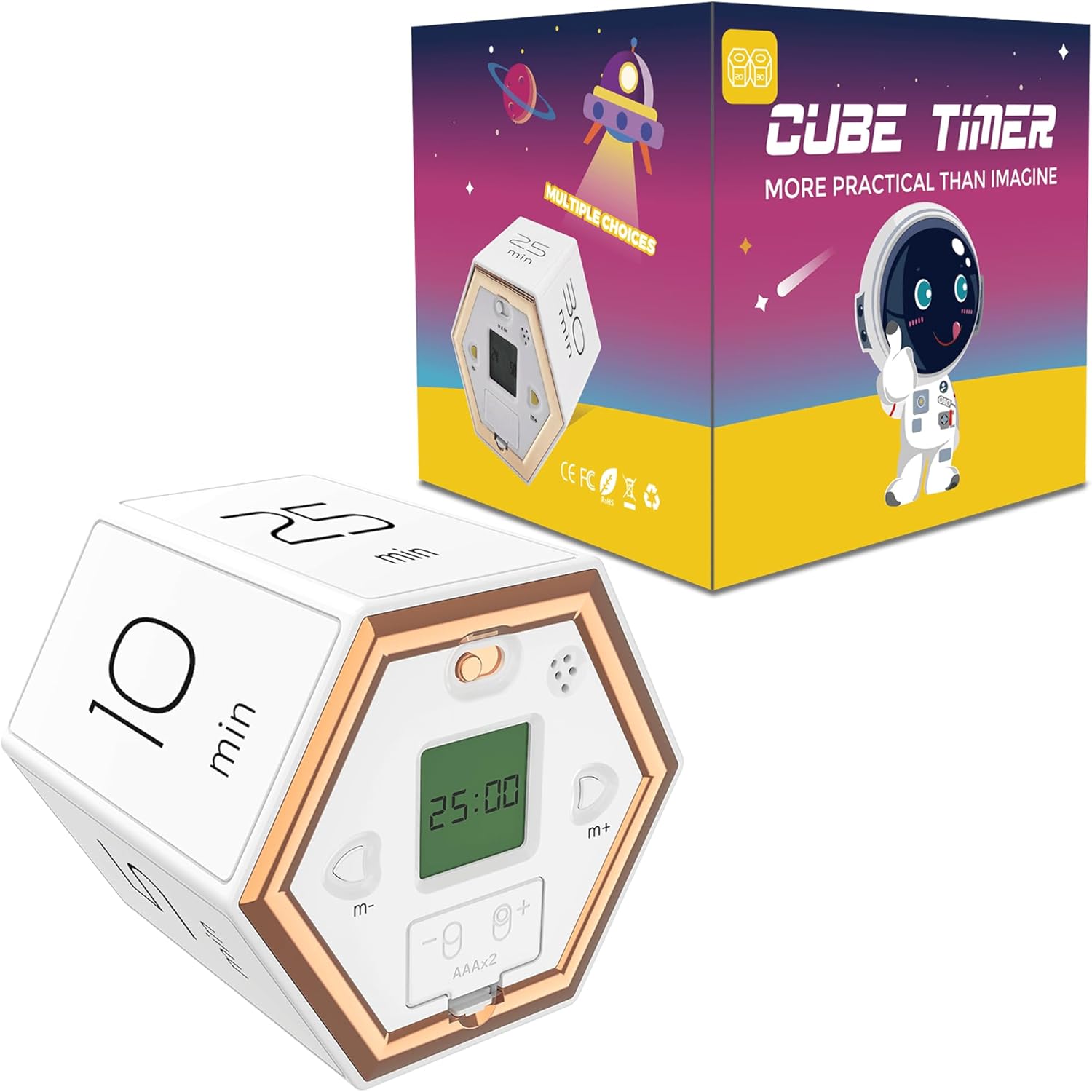 Hexagon Flip Timer, Kitchen Timer for Cooking, Various Time Presets, LCD Digital Display, Magnetic Suction, Mute Alarm Modes, Practical Gift Ideal for Study, Office, Gym, Kitchen, etc. (White)