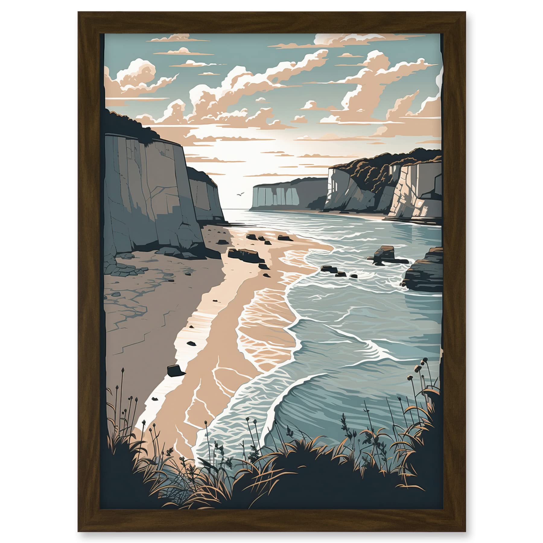 Artery8 Bay with Cliffs Pastel Colour Coastal Landscape Artwork Framed A3 Wall Art Print
