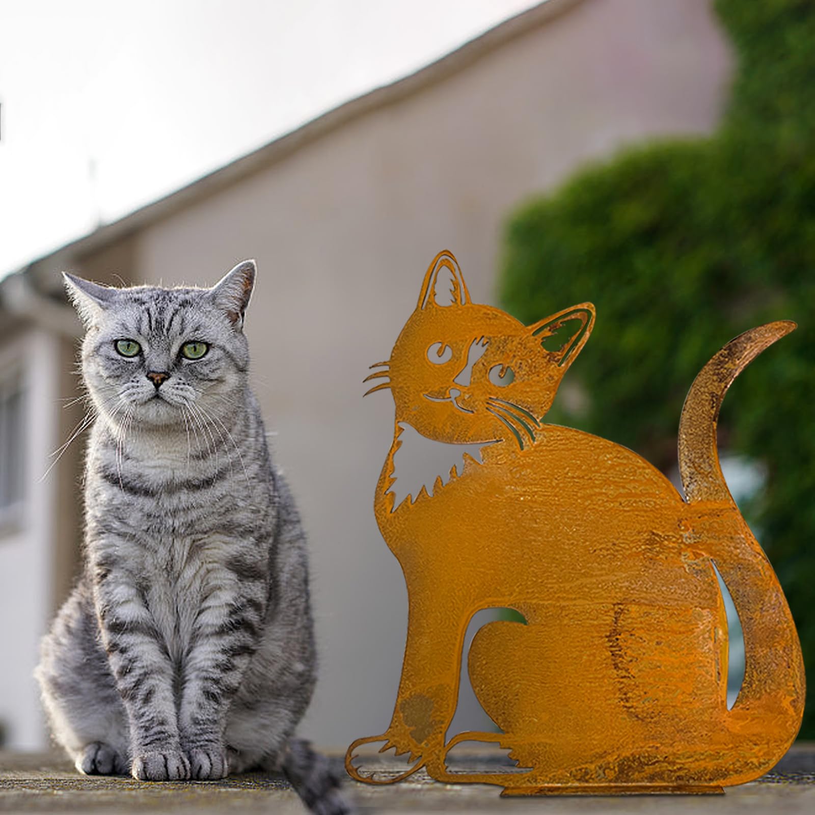 Decorazione Da Giardino In Metallo Arrugginito – Gatto Snello Con Coda Riccia – Sagoma 42,5x18 Cm Per Recinzione E Parete