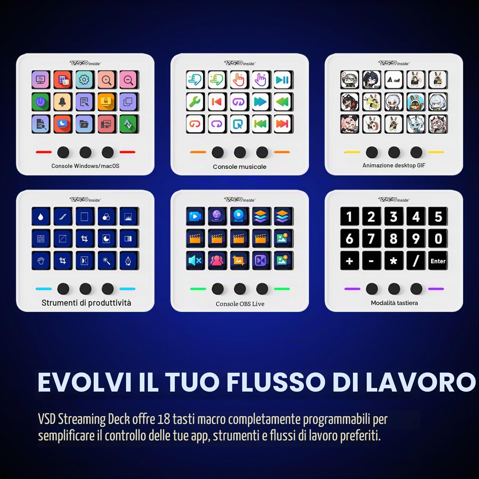 Tastiera macro, tastiera di scelta rapida per streaming di mazzi e mazzi di mazzo, 18 tasti programmabili, tastierino AI visivo personalizzabile per tastiera USB OBS, YouTube