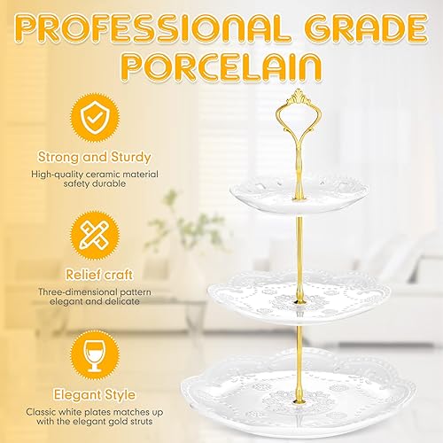 Miniatura 4 de Tatuo 2 soportes de porcelana de 3 niveles para cupcakes, torre para tartas, pastelería para servir postres, soporte escalonado de cerámica blanca